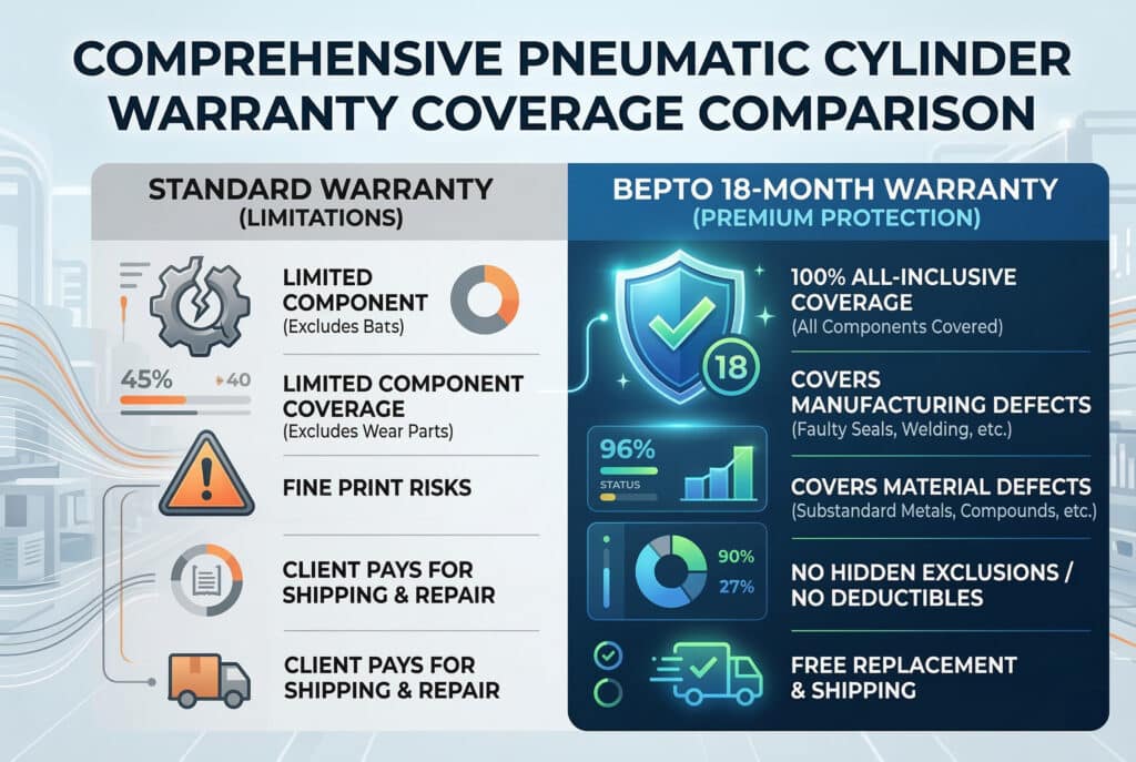 อินโฟกราฟิกการนำเสนอข้อมูลที่ทันสมัยและสะอาด เปรียบเทียบการรับประกันมาตรฐานทั่วไปกับการรับประกัน 18 เดือนของ Bepto Pneumatics ชื่อเรื่องด้านบนระบุว่า: "การรับประกัน 18 เดือนของ BEPTO: ครอบคลุมอะไรบ้าง (เปรียบเทียบกับมาตรฐาน)"สองคอลัมน์เปรียบเทียบการคุ้มครอง. คอลัมน์ซ้าย (มาตรฐาน) แสดงไอคอนของเกียร์ที่เสียและสัญลักษณ์เตือนพร้อมข้อความ: "คุ้มครองชิ้นส่วนจำกัด (ไม่รวมซีลและลูกปืน)" "เงื่อนไขไม่ชัดเจน / ข้อความเล็ก" "ลูกค้าชำระค่าขนส่งและค่าซ่อมภายหลัง"คอลัมน์ขวา (Bepto) ใช้สีเขียวและสีน้ำเงินอย่างมั่นใจ โล่เรืองแสงพร้อมเครื่องหมายถูกและเลข '18' พร้อมข้อความ: "100% ความคุ้มครองแบบครอบคลุมทั้งหมด (ครอบคลุมทุกส่วนประกอบ)", "ซีลชำรุด ข้อบกพร่องจากการเชื่อม ความล้มเหลวของสารเคลือบ ฯลฯ","ไม่มีข้อยกเว้นแอบแฝง / ไม่มีค่าเสียหายส่วนแรก", "อะไหล่ทดแทนและค่าจัดส่งฟรี" องค์ประกอบเรืองแสงที่ละเอียดอ่อนเน้นคอลัมน์ด้านขวา.