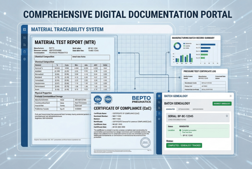 ภาพหน้าจอของพอร์ทัลเอกสารดิจิทัลแบบครบวงจรของ BEPTO PNEUMATICS แสดงโมดูลสำหรับการติดตามวัสดุ รายงานการทดสอบวัสดุ (MTRs) ใบรับรองการปฏิบัติตามข้อกำหนด (CoC) บันทึกการผลิตตามชุดการผลิต ใบรับรองการทดสอบความดัน การระบุตัวตนดิจิทัล (QR code) และลำดับการผลิต.