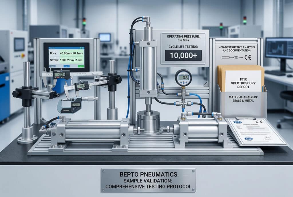ภาพถ่ายมืออาชีพของแท่นทดสอบกระบอกลมหลายสถานี แสดงกระบวนการทดสอบตัวอย่างอย่างครอบคลุมเพื่อความแม่นยำทางมิติ ประสิทธิภาพการทำงาน และการวิเคราะห์วัสดุ โดยเน้นถึงขั้นตอนการตรวจสอบคุณภาพตัวอย่างอย่างเข้มงวดตามมาตรฐานการผลิต.