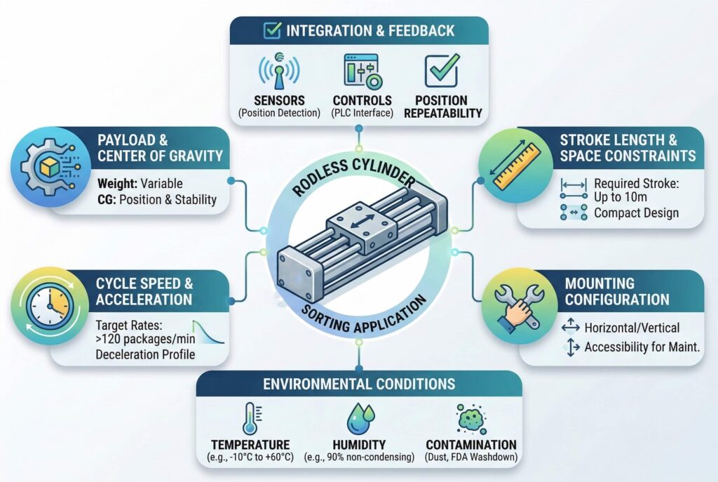 แผนภาพอินโฟกราฟิกที่ซับซ้อนและเป็นระบบภายในกรอบอัตราส่วน 3:2 แสดงเกณฑ์รายละเอียดสำหรับการเลือกกระบอกสูบไร้ก้านสำหรับการใช้งานคัดแยกความเร็วสูง ตรงกลางมีโมเดล 3 มิติที่ออกแบบอย่างมีสไตล์ของกระบอกสูบไร้ก้านสมัยใหม่พร้อมไกด์ภายนอกที่มองเห็นได้และตัวเลื่อนที่เคลื่อนที่ได้ มีป้ายกำกับว่า 'กระบอกสูบไร้ก้าน' และ 'การใช้งานคัดแยก'กลุ่มหรือแผงที่แผ่รังสีห้าชุดใช้การออกแบบแบบแบนสมัยใหม่และไล่ระดับสีที่สะอาด (สีน้ำเงิน, สีเขียว, สีเหลือง) เพื่อจัดระเบียบปัจจัยการเลือก ด้านบน: 'การบูรณาการ & การป้อนกลับ' พร้อมไอคอนสำหรับ 'เซ็นเซอร์ (การตรวจจับตำแหน่ง)', 'การควบคุม (อินเทอร์เฟซ PLC)', 'ความซ้ำตำแหน่ง'.ซ้าย: ไอคอนเกียร์และสตรีมข้อมูลสำหรับ 'PAYLOAD & CENTER OF GRAVITY' พร้อม 'น้ำหนัก: ปรับเปลี่ยนได้', 'CG: ตำแหน่ง & ความเสถียร'; ไอคอนนาฬิกาและเส้นโค้งการชะลอความเร็วสำหรับ 'CYCLE SPEED & ACCELERATION' พร้อม 'อัตราเป้าหมาย: >120 แพ็คเกจ/นาที', 'โปรไฟล์การชะลอความเร็ว'.ขวา: ไอคอนไม้บรรทัดและจุดยึดสำหรับ 'ข้อจำกัดความยาวและระยะห่างของเส้น' พร้อมขนาดและข้อความ 'ความยาวที่ต้องการ: สูงสุด 10 เมตร', 'การออกแบบที่กะทัดรัด'; ไอคอนประแจและมือสำหรับ 'การกำหนดค่าการติดตั้ง' พร้อมไอคอนแสดงทิศทางและ 'แนวนอน/แนวตั้ง', 'การเข้าถึงสำหรับการบำรุงรักษา';แผงรวมด้านล่างแสดงรายการ: 'สภาพแวดล้อม' พร้อมไอคอนและข้อมูลเฉพาะสำหรับ 'อุณหภูมิ (เช่น -10°C ถึง +60°C)', 'ความชื้น (เช่น 90% ไม่ควบแน่น)', 'การปนเปื้อน (ฝุ่น, ล้างตามมาตรฐาน FDA)'เส้นข้อมูลขนาดเล็กที่มีเอฟเฟกต์แสงที่ละเอียดอ่อนวิ่งระหว่างทุกจุดและกระบอกกลาง เสริมตรรกะการเลือก ไม่มีคนอยู่ในภาพ.
