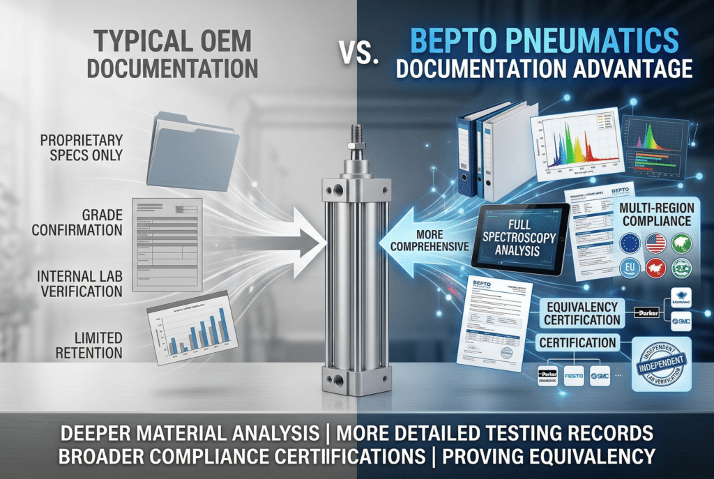 ภาพประกอบเชิงวิเคราะห์จากการถ่ายภาพเปรียบเทียบมาตรฐานเอกสารของ OEM และ Bepto Pneumatics สำหรับกระบอกสูบโลหะกลางที่ไม่มีแกนกลาง ในด้านซ้าย ระบุว่า 'เอกสารมาตรฐาน OEM' แสดงแฟ้มสีเทาแบบมาตรฐาน รายงานที่จำกัดซึ่งแสดงการสอดคล้องของขนาดพื้นฐาน 'การยืนยันเกรด' และ 'การตรวจสอบภายในห้องปฏิบัติการ' เท่านั้น และ 'การเก็บรักษาแบบจำกัด'ข้อความเป็นสีเทาแบบฟังก์ชัน ลูกศรเชื่อมต่อกับส่วนกลาง ทางด้านขวา มีป้ายระบุว่า 'BEPTO PNEUMATICS DOCUMENTATION ADVANTAGE' เป็นแฟ้มสีน้ำเงินเย็บเล่มหนาขึ้น แท็บเล็ตแบบอินเทอร์แอคทีฟแสดงรายละเอียดสีสันสดใส 'FULL SPECTROSCOPY ANALYSIS' มีตราประทับ 'INDEPENDENT LAB VERIFICATION' พร้อมโลโก้ทั่วไปสำหรับ ISO, FDA, CE และการรับรองความเทียบเท่า พร้อมโลโก้ทั่วไปของ Parkerไอคอน Festo และ SMC (ติดป้ายว่า 'Parker, Festo, SMC Equivalency' หรือป้ายทั่วไปที่คล้ายกันเพื่อหลีกเลี่ยงชื่อแบรนด์เฉพาะแต่สื่อถึงแนวคิด) และข้อมูลการจับคู่ประสิทธิภาพ ทั้งหมดแสดงข้อความสีขาวและสีน้ำเงินสว่างแบบไดนามิกข้อความด้านล่างสรุปประโยชน์: 'การวิเคราะห์วัสดุเชิงลึก | บันทึกการทดสอบที่ละเอียดมากขึ้น | การรับรองการปฏิบัติตามมาตรฐานที่กว้างขึ้น | ความเทียบเท่าที่ได้รับการพิสูจน์แล้ว' สีที่ใช้เป็นสีน้ำเงินเข้มแบบมืออาชีพ สีขาว สีเทา และโลหะขัดเงา ไม่มีบุคคล อัตราส่วนภาพ 3:2.