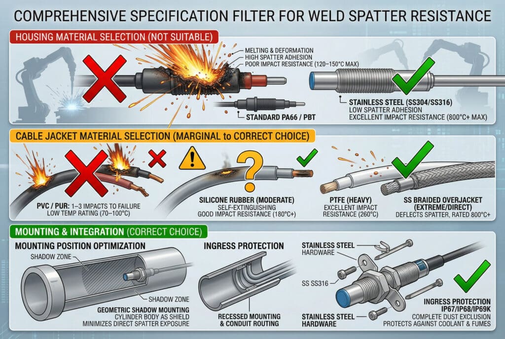 אינפוגרפיקה מקיפה של מפרט טכני לחיישני צילינדר בסביבות ריתוך, המשווה בין חומרי מעטפת (פלסטיק נמס לעומת נירוסטה עמידה), חומרי מעטפת הכבלים (PVC/PUR בוערים לעומת סיליקון בעל כיבוי עצמי לעומת PTFE דוחה וקלוע נירוסטה), ואסטרטגיות הרכבה (הרכבה בצל גיאומטרי תוך שימוש בגוף הצילינדר כמגן, הרכבה שקועה, הגנה באמצעות תעלה, חומרה מנירוסטה, והגנה מפני חדירת מים IP67/IP68/IP69K). צבעי סטטוס (אדום, צהוב, ירוק) משמשים לציון התאמה. הלוח האדום מציג את הכשל הדרמטי של מארזי פלסטיק סטנדרטיים תחת התזות, בניגוד לסימן ה-V הירוק המציין את הבחירות הנכונות.