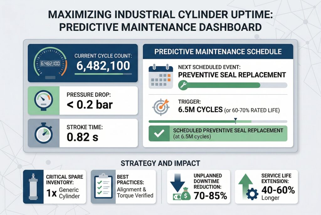 แดชบอร์ดอินโฟกราฟิกที่นำเสนอในรูปแบบการแสดงข้อมูลแบบเรียบง่าย แสดงการเปลี่ยนแปลงจากการบำรุงรักษาเชิงรับไปสู่การบำรุงรักษาเชิงพยากรณ์สำหรับกระบอกสูบการผลิต แสดงการตรวจสอบสภาพแบบเรียลไทม์ด้วยจำนวนรอบการทำงานปัจจุบันที่ 6,482,100 รอบ ความดันตกต่ำกว่า 0.2 บาร์ และเวลาการเคลื่อนที่ 0.82 วินาที ทั้งหมดเชื่อมโยงกับตารางการเปลี่ยนซีลป้องกันที่ 6.5 ล้านรอบการจำลองภาพยังติดตามผลกระทบเชิงกลยุทธ์ที่สำคัญ รวมถึงบัตรสำรองกระบอกสูบที่สำคัญและวิธีการติดตั้งที่ได้รับการตรวจสอบแล้ว ซึ่งนำไปสู่การลดเวลาหยุดทำงานที่ไม่คาดคิดลง 70-85% และการขยายอายุการใช้งานของกระบอกสูบ 40-60%.