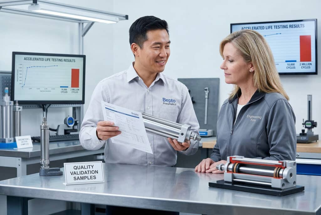 ตัวแทนจาก Bepto Pneumatics ที่มีลักษณะทางเอเชียตะวันออก กำลังนำเสนอตัวอย่างสินค้าที่มีคุณภาพอย่างมั่นใจต่อวิศวกรหญิงชาวอเมริกันที่กำลังตรวจสอบความถูกต้องอยู่ ภาพนี้แสดงให้เห็นถึงความสำคัญของการตัวอย่างสินค้าอย่างถูกต้องเพื่อการควบคุมคุณภาพก่อนการสั่งซื้อเป็นจำนวนมาก โดยเปรียบเทียบความมั่นใจของผู้จัดจำหน่ายที่มีทัศนคติเชิงรุกกับกระบวนการตรวจสอบของผู้ซื้อ.