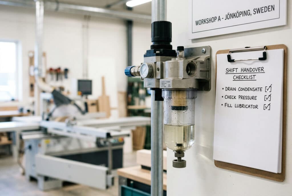 หน่วยกรอง FRL แบบระบายน้ำด้วยมือได้รับการติดตั้งอย่างเชื่อถือได้ในสภาพแวดล้อมโรงงานที่สะอาด ภาพเน้นให้เห็นถึงถ้วยเก็บน้ำควบแน่นที่ใสสะอาดและรายการตรวจสอบการบำรุงรักษาที่บันทึกไว้ใกล้เคียง แสดงให้เห็นถึงข้อกำหนดที่ถูกต้องสำหรับการใช้งานที่มีผู้ควบคุมตามขั้นตอนที่เข้มงวด.