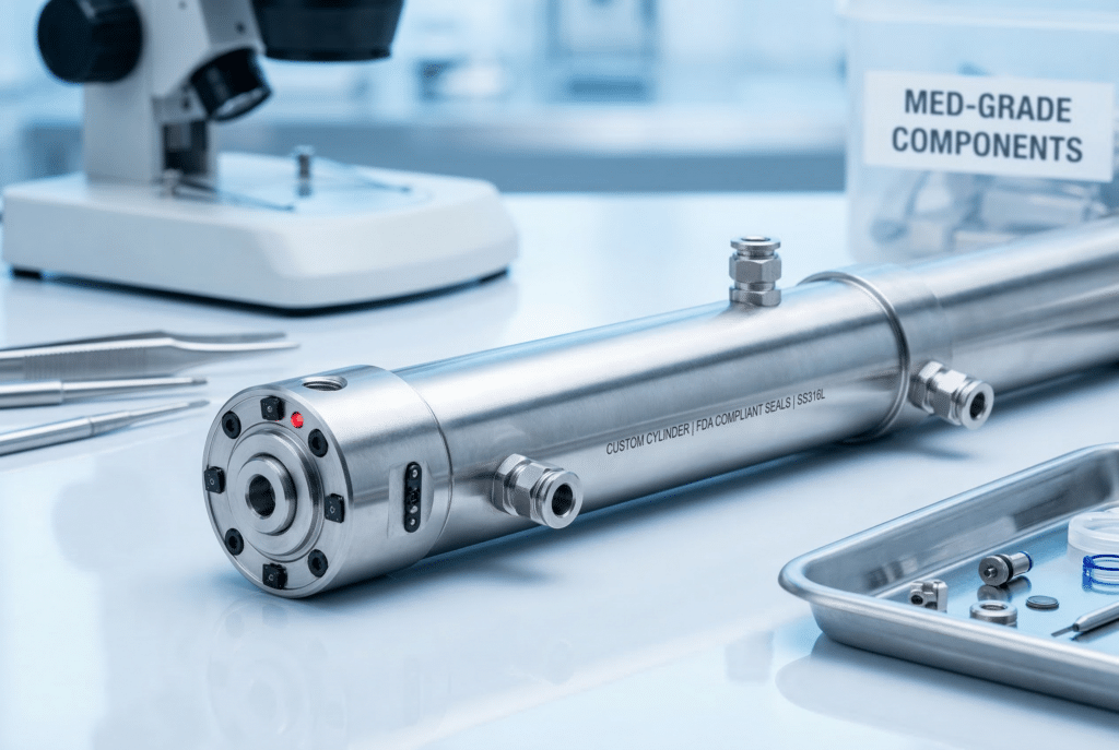 กระบอกลมนิวแมติกแบบไร้ก้านที่ผ่านการขัดเงาด้วยไฟฟ้า ผลิตตามสั่งจากสแตนเลสสตีล SS316L พร้อมคุณสมบัติเด่น เช่น เซ็นเซอร์แบบบูรณาการและซีลเกรดทางการแพทย์เฉพาะทาง แสดงในบริบทการผลิตในห้องสะอาดเพื่อแสดงถึงคุณค่าของการลงทุน.