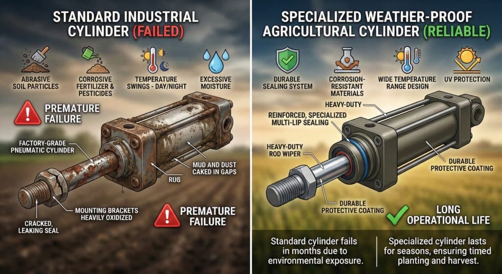 แผนภาพเปรียบเทียบแบบแบ่งส่วนที่แสดงให้เห็นเหตุผลว่าทำไมกระบอกสูบที่ทนต่อสภาพอากาศโดยเฉพาะจึงมีความสำคัญต่ออุปกรณ์การเกษตร แผงซ้ายแสดงกระบอกสูบมาตรฐานอุตสาหกรรมที่ล้มเหลว มีสนิม รอยกัดกร่อน และรั่ว พร้อมระบุสาเหตุ เช่น ดินที่มีสารขัดถู สารเคมีกัดกร่อน การเปลี่ยนแปลงอุณหภูมิ และความชื้น แผงขวาแสดงกระบอกสูบเกษตรกรรมที่ทนทานและออกแบบมาเฉพาะ พร้อมกล่องไฮไลต์ที่เน้นโครงสร้างที่แข็งแรงทนทาน ซีลหลายชั้น และการเคลือบผิวที่ทนทาน ซึ่งออกแบบมาเพื่อทนต่อสภาพแวดล้อมการเกษตรที่รุนแรงและรับประกันอายุการใช้งานที่ยาวนาน.