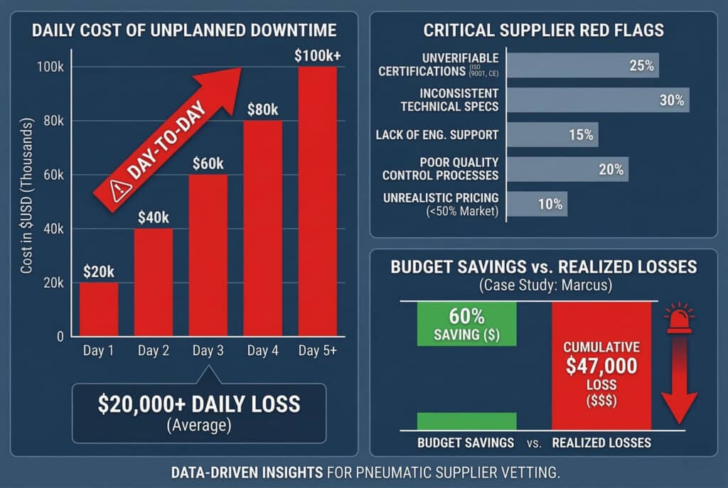 แดชบอร์ดการแสดงข้อมูลที่ซับซ้อนในรูปแบบอินโฟกราฟิก ภาพประกอบด้วยแผนภูมิหลักสามประเภท: แผนภูมิแท่งแนวตั้งขนาดใหญ่ที่แสดงต้นทุนสะสมรายวันจากการหยุดการผลิตที่ไม่คาดคิดซึ่งเพิ่มขึ้นแบบทวีคูณ, แผนภูมิแท่งแนวนอนที่แยกแยะห้าสัญญาณเตือนสีแดงที่สำคัญจากซัพพลายเออร์ที่พบในกรณีความล้มเหลว (ข้อกำหนด, การรับรอง, การควบคุมคุณภาพ, การสนับสนุนทางวิศวกรรม, ราคา) และการเปรียบเทียบแบบเคียงข้างกันระหว่างการประหยัดงบประมาณที่อ้างกับผลขาดทุนที่เกิดขึ้นจริงจากการศึกษาเฉพาะกรณีแผนภูมิทั้งหมดมีป้ายกำกับอย่างชัดเจนเป็นภาษาอังกฤษ.