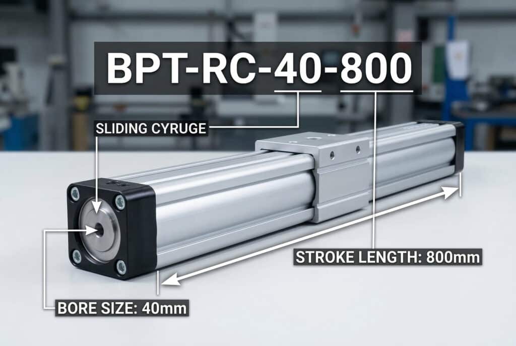 ภาพแผนผังของกระบอกสูบแบบไม่มีก้านที่ใช้ระบบนิวเมติก พร้อมเส้นชี้จากหมายเลขเฉพาะในหมายเลขชิ้นส่วน (BPT-RC-40-800) ไปยังขนาดทางกายภาพ เพื่อระบุขนาดเส้นผ่านศูนย์กลาง 40 มม. และความยาวจังหวะ 800 มม.