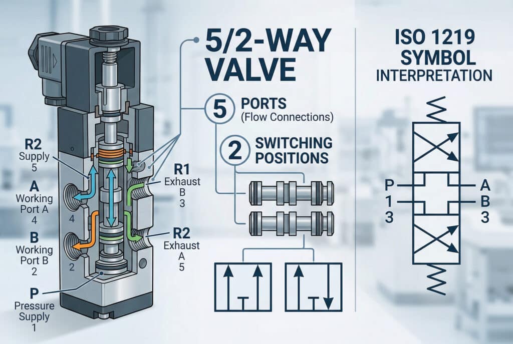 Složena tehnička infografika koja ilustrira specifične funkcije industrijskog ventila 5/2 i njegovog ISO 1219 simbola, detaljno prikazujući konfiguracije priključaka i putanje protoka, što je ključno za razumijevanje upravljanja krugom.