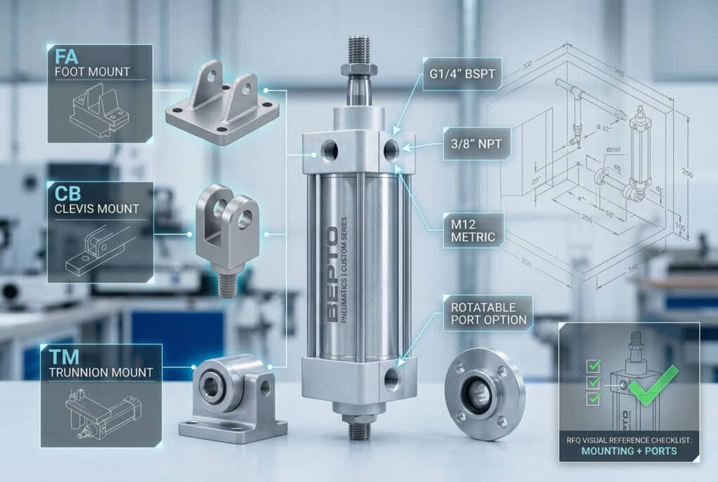 Složena industrijska tehnička fotografija koja ilustrira precizno definirane specifikacije pneumatskih cilindara za montažu (FA, FB, CA, CB, LB, TM s kodovima poput BPT-FA, BPT-FB) i priključaka, s interaktivnim preklopnim podacima koji prikazuju standarde navoja poput NPT, BSPT, metrijskog i veličine priključaka, osmišljena kao sveobuhvatan vizualni vodič za zahtjev za ponudu (RFQ).