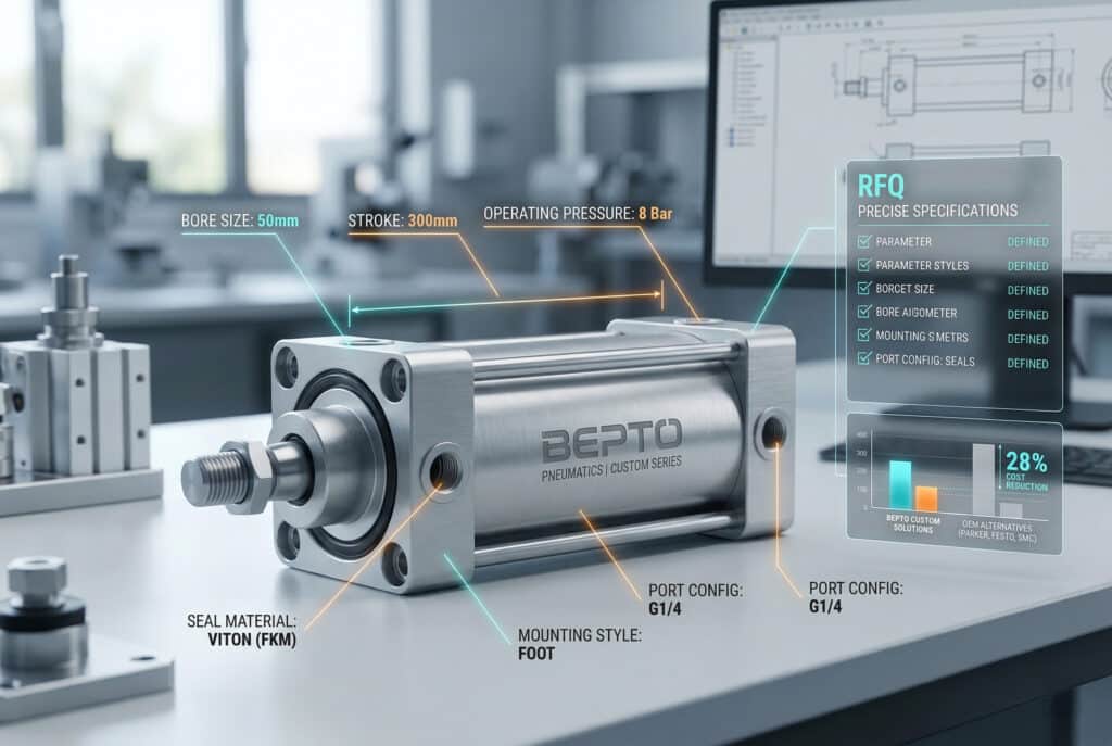 Tehnička makro fotografija prilagođenog cilindra Bepto Pneumatics s interaktivnim preklopnim podacima koji ilustriraju precizno definirane specifikacije RFQ-a i usporedbu s glavnim alternativama s uštedom troškova.