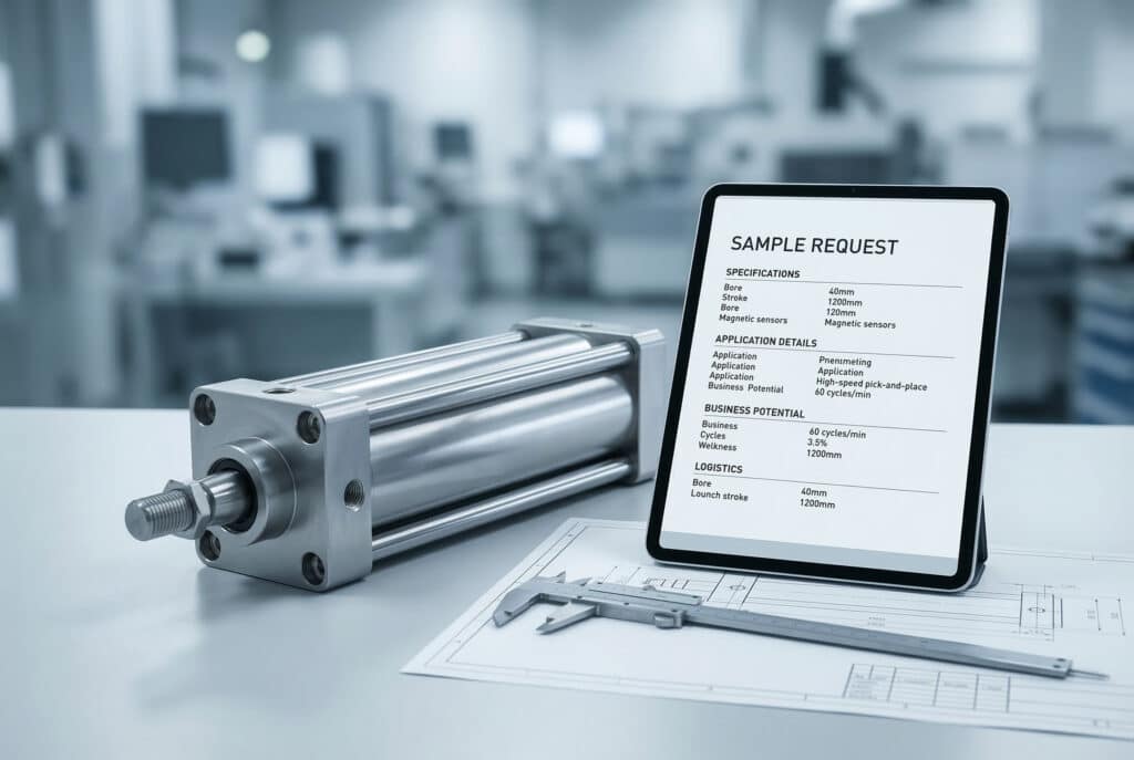 ภาพถ่ายเสมือนจริงคุณภาพสูงของกระบอกสูบแบบไม่มีแกนโลหะแบบนิวแมติกที่วางอยู่บนโต๊ะวิศวกรรมที่สะอาด ถัดไปเป็นแท็บเล็ตดิจิทัลที่แสดงเอกสารชื่อ "SAMPLE REQUEST" เป็นภาษาอังกฤษ ซึ่งระบุรายละเอียดทางเทคนิค (เช่น "เส้นผ่านศูนย์กลาง 40 มม." "ระยะชัก 1200 มม.") รายละเอียดการใช้งาน และศักยภาพทางธุรกิจ ทั้งหมดเป็นภาษาอังกฤษที่ชัดเจนคาลิเปอร์และแบบพิมพ์เขียวบ่งบอกถึงความแม่นยำ พื้นหลังเป็นห้องปฏิบัติการควบคุมคุณภาพที่มีเทคโนโลยีทันสมัยอย่างนุ่มนวลและเบลอเล็กน้อย พร้อมแสงไฟแบบภาพยนตร์ ไม่มีผู้คนปรากฏอยู่.