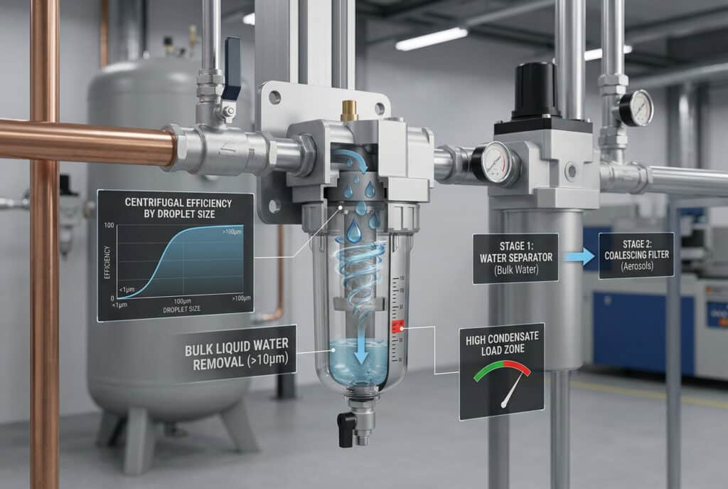 Profesionalna inženjerska fotografija dinamičkog separatora komprimiranog zraka za vodu s prozirnim komponentama i AR anotacijama koje ilustriraju uklanjanje većih količina tečne vode u industrijskom sistemu. Anotacije vizualiziraju proces separacije, efikasnost prikupljanja kapljica određenih veličina i ispravno fazno razdvajanje (koalescentni filter Prva faza naspram Druga faza).