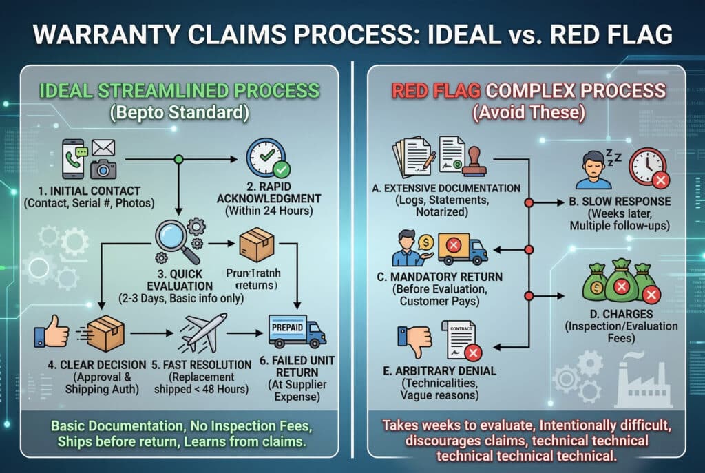 อินโฟกราฟิกการนำเสนอข้อมูลสมัยใหม่ที่แบ่งเป็นแนวตั้งเพื่อเปรียบเทียบกระบวนการเคลมประกันที่ดีและไม่ดี คอลัมน์ซ้าย "กระบวนการเคลมประกันที่สมบูรณ์แบบ" ใช้โทนสีเขียวสะอาดตาพร้อมแผนผังแสดงขั้นตอน: การติดต่อครั้งแรก, การตอบกลับภายใน 24 ชั่วโมง, การประเมิน, การตัดสินใจ, การแก้ไขอย่างรวดเร็ว, และการเรียนรู้จากการเคลมคอลัมน์ขวา "กระบวนการเรียกร้องที่มีสัญญาณเตือน" เป็นสีแดงพร้อมแผนผังการไหลที่ซับซ้อนและมีหลายสาขา ซึ่งรวมถึงเอกสารจำนวนมาก การเรียกคืนสินค้า การเรียกเก็บค่าธรรมเนียม การใช้เวลาหลายสัปดาห์ การอนุมัติหลายขั้นตอน และข้อกำหนดทางเทคนิคที่ซับซ้อน ซึ่งทั้งหมดนี้ทำให้การเรียกร้องเป็นเรื่องยาก หัวลูกศรและไอคอนต่างๆ เช่น เฟือง นาฬิกาพร้อมเครื่องหมายถูก กองเอกสาร และสัญลักษณ์ยกนิ้วขึ้น เปรียบเทียบกับโมเดล Bepto ที่มีประสิทธิภาพกับกระบวนการล่าช้าทั่วไป.