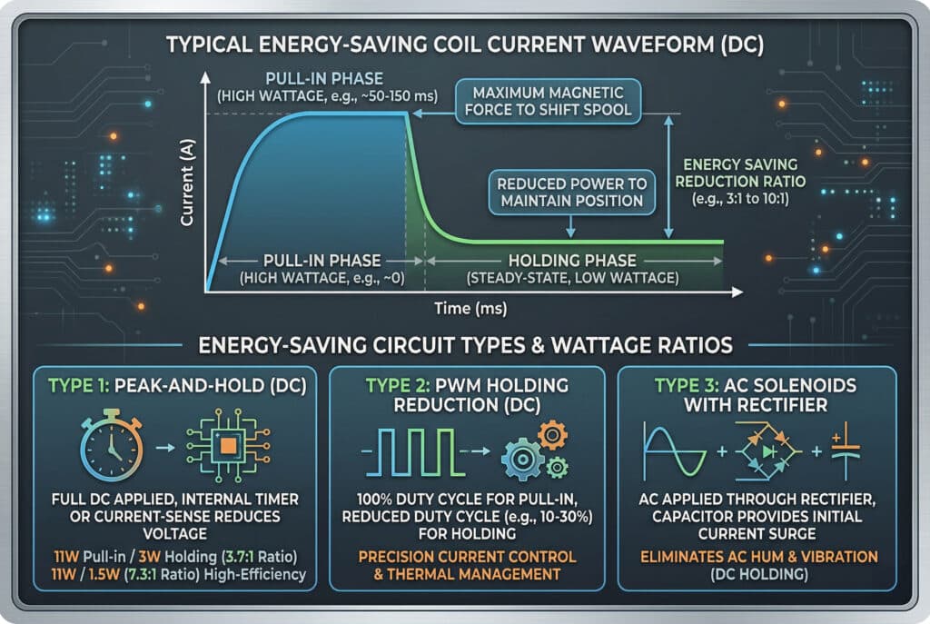 אינפוגרפיקה טכנית מפורטת ותרשים להמחשה ביחס רוחב-גובה של 3:2, המחולק לגרף הסבר ראשי ולשלושה לוחות השוואה חזותיים. החלק העליון הוא גרף גדול של צורת גל זרם שכותרתו 'צורת גל זרם טיפוסית של סליל חסכוני באנרגיה (DC)'. ציר ה-Y מייצג את 'זרם (A)' וציר ה-X מייצג את 'זמן (ms)'. הגרף מציג שיא שכותרתו 'שלב משיכה (הספק גבוה, ~50-150 ms)' וקו שטוח ונמוך יותר שכותרתו 'שלב החזקה (מצב יציב, הספק נמוך)'. תיבות הסבר מציינות: 'כוח מגנטי מרבי להזזת הסליל' המצביע על השיא, ו'הספק מופחת לשמירת המיקום' המצביע על הקטע השטוח. החצים מציינים את 'יחס הפחתת החיסכון באנרגיה (למשל, 3:1 עד 10:1)'. מתחת לגרף, שלושה לוחות נפרדים נושאים את הכותרת 'סוגי מעגלי חיסכון באנרגיה ויחסי הספק'. לוח 1: 'סוג 1: שיא והחזקה (טיימר או חישת זרם)' עם סמל של שעון טיימר ולוח מעגלים. הטקסט מתאר: 'זרם DC מלא מוחל, טיימר פנימי או חיישן זרם מפחיתים את המתח'. דוגמאות ליחסים המפורטים: '11W כניסה / 3W החזקה (יחס 3.7:1)', '11W / 1.5W (יחס 7.3:1) יעילות גבוהה'. לוח 2: 'סוג 2: הפחתת החזקה PWM (מודולציית רוחב פולס)' עם סמל של צורת גל מרובעת וסמלי דיוק. הטקסט מתאר: 'מחזור פעולה 100% עבור משיכה, מחזור פעולה מופחת עבור החזקה'. נקודות עיקריות: 'דיוק גבוה וניהול תרמי'. לוח 3: 'סוג 3: סולנואידים AC עם מיישר זרם וקבל' עם גל סינוס AC, גשר מיישר דיודות וסמל קבל. הטקסט מתאר: 'זרם חילופין מוחל דרך מיישר, הקבל מספק זרם התנעה'. נקודות עיקריות: 'מבטל זמזום ורטט של זרם חילופין (שמירה על זרם ישר)'. הקומפוזיציה הכללית נקייה, עם כל הכיתובים קריאים ומאייתים נכון באנגלית, על רקע אפור כהה עם דפוסים עדינים של מעגלים מודפסים ונקודות נתונים זוהרות.