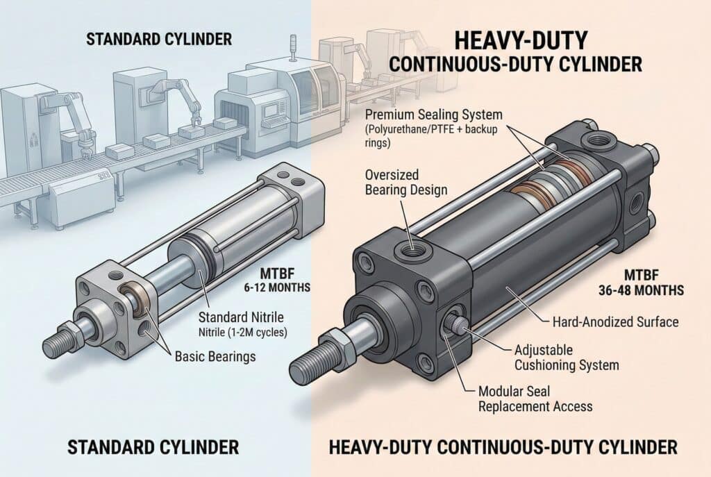 อินโฟกราฟิกและภาพตัดขวางที่แสดงรายละเอียดเปรียบเทียบกระบอกลมมาตรฐานกับกระบอกลมสำหรับงานหนักแบบทำงานต่อเนื่อง แสดงให้เห็นว่าชิ้นส่วนคุณภาพสูง เช่น ซีล PTFE ตลับลูกปืนขนาดใหญ่พิเศษ และพื้นผิวที่ผ่านการชุบอโนไดซ์แบบแข็ง ส่งผลให้มีค่า Mean Time Between Failures (MTBF) ที่ยาวนานขึ้นอย่างมีนัยสำคัญ เพื่อรองรับการทำงานในโรงงานตลอด 24 ชั่วโมง 7 วันต่อสัปดาห์.