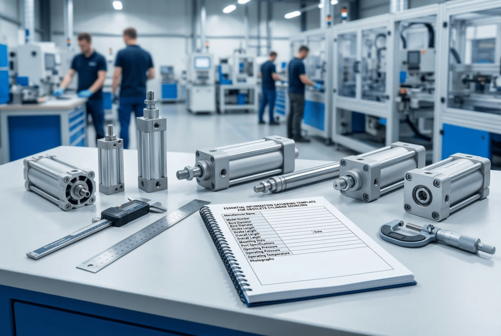 ภาพถ่ายมืออาชีพของโต๊ะทำงานช่างเทคนิค ซึ่งประกอบด้วยกระบอกลมนิวเมติกหลากหลายชนิด เครื่องมือวัด และแม่แบบข้อมูลที่เปิดอยู่สำหรับค้นหาชิ้นส่วนที่เลิกผลิตแล้ว โดยอ้างอิงโดยตรงกับคำแนะนำหลักของบทความเกี่ยวกับการรวบรวมข้อมูล.