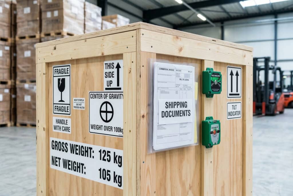 ภาพถ่ายระยะใกล้ของลังไม้สำหรับขนส่งสินค้าหนักที่เตรียมสำหรับการขนส่งระหว่างประเทศภายในคลังสินค้าโลจิสติกส์ แสดงป้ายกำกับและเอกสารที่จัดวางอย่างพิถีพิถันป้ายที่มองเห็นได้ประกอบด้วย: 'FRAGILE' พร้อมสัญลักษณ์สากล, 'HANDLE WITH CARE', ลูกศร 'THIS SIDE UP', เครื่องหมาย 'CENTER OF GRAVITY' สำหรับน้ำหนักเกิน 100 กก., ข้อความ 'GROSS WEIGHT: 125 กก.' และ 'NET WEIGHT: 105 กก.' ที่ชัดเจนปลอกพลาสติกใสครอบเอกสาร 'เอกสารการขนส่ง' ซึ่งรวมถึง 'ใบกำกับสินค้าเชิงพาณิชย์' ที่แสดง 'รหัส HS 8412.31' อย่างชัดเจน, 'รายการบรรจุภัณฑ์', และ 'ใบตราส่งสินค้า' มี 'ตัวบ่งชี้แรงกระแทก' และ 'ตัวบ่งชี้การเอียง' ติดอยู่ โดยแสดงเป็นสีเขียวฉลากภาษาเยอรมันรองอ่านว่า 'NICHT STAPELN' (ห้ามวางซ้อน) และ 'TROCKEN HALTEN' (เก็บให้แห้ง) พื้นหลังมีภาพสินค้าและรถยกที่เบลอภายใต้แสงไฟในคลังสินค้า.