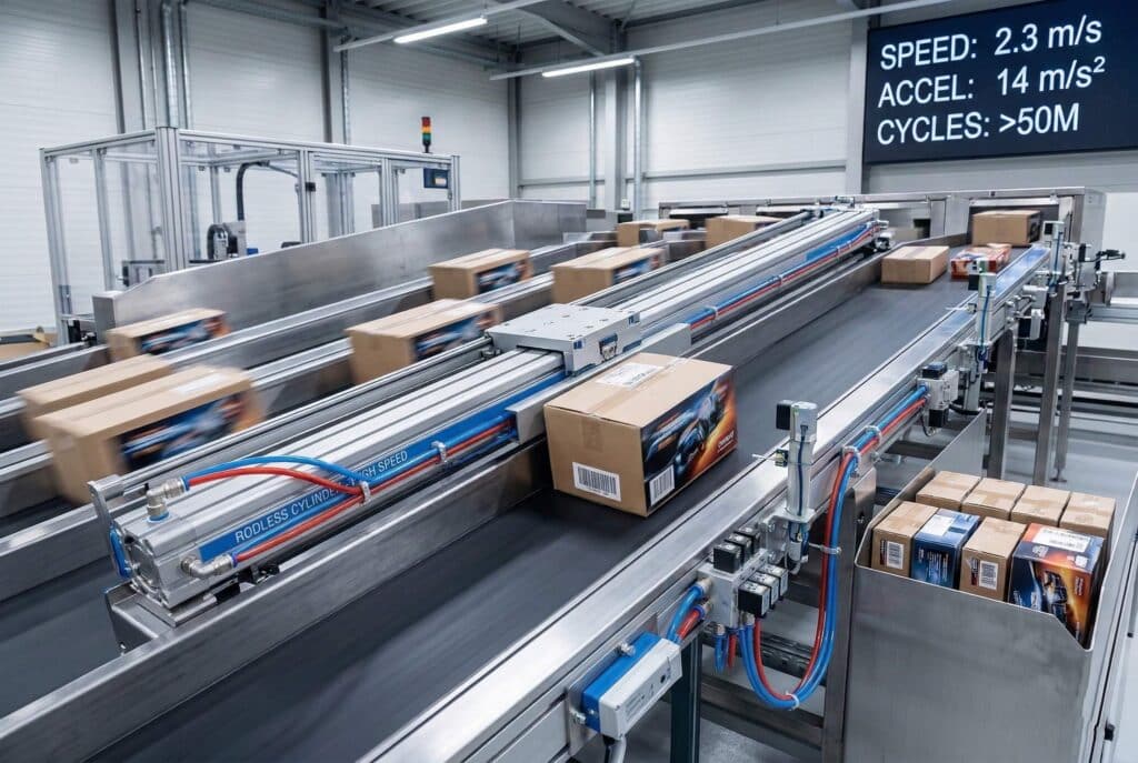 สายการผลิตบรรจุภัณฑ์ความเร็วสูงที่ใช้กระบอกสูบไร้แท่งประสิทธิภาพสูงยาว เพื่อเคลื่อนย้ายและจัดเรียงกล่องอย่างมีประสิทธิภาพ แสดงให้เห็นถึงหน้าที่สำคัญสำหรับการผลิตที่มีปริมาณมากและการออกแบบที่กะทัดรัดในโรงงานสมัยใหม่.