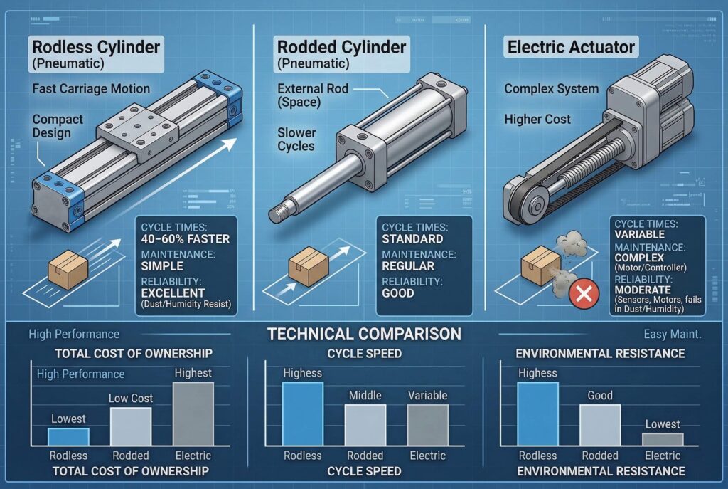อินโฟกราฟิกทางเทคนิคที่แสดงรายละเอียดมาตรฐานที่จำเป็นสำหรับกระบอกสูบแบบนิวเมติกความเร็วสูงที่ใช้ในบรรจุภัณฑ์อัตโนมัติ รายการประกอบด้วยตัวชี้วัดประสิทธิภาพ (อัตราการหมุนเวียน, ความสามารถในการทำซ้ำ, การรับน้ำหนักด้านข้าง, อายุการใช้งาน) และข้อกำหนดการปฏิบัติตามมาตรฐาน (ISO 15552, FDA, ATEX, IP65) ซึ่งเชื่อมโยงด้วยเส้นสเก็ชไปยังแผนภาพกระบอกสูบกลาง.