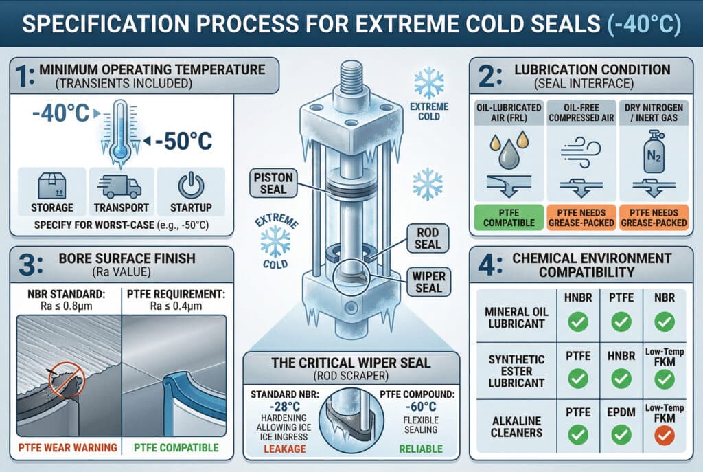 อินโฟกราฟิกทางเทคนิคที่ละเอียดนำเสนอในรูปแบบแผนภาพ แสดงกระบวนการกำหนดคุณลักษณะสำหรับซีลทนความเย็นจัด (-40°C) อย่างชัดเจน แบ่งออกเป็นหัวข้อและแผงพารามิเตอร์สำคัญสี่ส่วน ล้อมรอบภาพตัดขวางของกระบอกสูบนิวเมติกแบบฝ้าพร้อมป้ายกำกับสำหรับซีลลูกสูบ ซีลก้าน และซีลปัดน้ำแผงควบคุมครอบคลุม (1) อุณหภูมิการทำงานขั้นต่ำ (รวมถึงการเก็บรักษาและการเริ่มต้น), (2) สภาพการหล่อลื่น (หล่อลื่นด้วยน้ำมัน, ปราศจากน้ำมัน, ไนโตรเจนแห้ง), (3) ความเรียบของพื้นผิวภายใน (เปรียบเทียบข้อกำหนดของ NBR และ PTFE กับค่า Ra), และ (4) ความเข้ากันได้กับสภาพแวดล้อมทางเคมี (น้ำมันแร่, สังเคราะห์, สารทำความสะอาด).มุมมองแทรกที่สำคัญที่ด้านล่างเปรียบเทียบซีลยาง NBR มาตรฐาน (ล้มเหลวที่ -28°C) กับซีลยาง PTFE ที่ระบุไว้ (เชื่อถือได้ที่ -60°C).