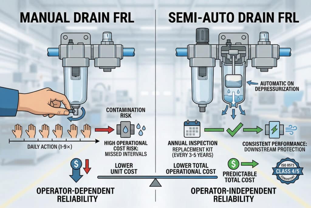 อินโฟกราฟิกทางเทคนิคที่เปรียบเทียบตัวกรอง FRL แบบระบายน้ำด้วยมือและแบบกึ่งอัตโนมัติตามตัวชี้วัดสำคัญ ด้านซ้าย 'ระบายน้ำด้วยมือ FRL' แสดง 'การดำเนินการประจำวัน (1-9 ครั้ง)' ที่จำเป็นสำหรับประสิทธิภาพที่ขึ้นอยู่กับผู้ปฏิบัติงานและ 'ความเสี่ยงด้านต้นทุนการดำเนินงานสูง'ด้านขวา 'SEMI-AUTO DRAIN FRL' แสดงให้เห็น 'การตรวจสอบประจำปี' สำหรับประสิทธิภาพที่ไม่ต้องพึ่งพาผู้ปฏิบัติงาน และ 'ต้นทุนการดำเนินงานรวมที่ต่ำกว่า' การปฏิบัติตามมาตรฐาน ISO 8573 Class อย่างสม่ำเสมอ และการปกป้องส่วนประกอบปลายน้ำ โดยเน้นที่ต้นทุนการเป็นเจ้าของโดยรวมที่ต่ำกว่า การเปรียบเทียบนี้ตั้งอยู่บนพื้นหลังอุตสาหกรรมที่สะอาด.