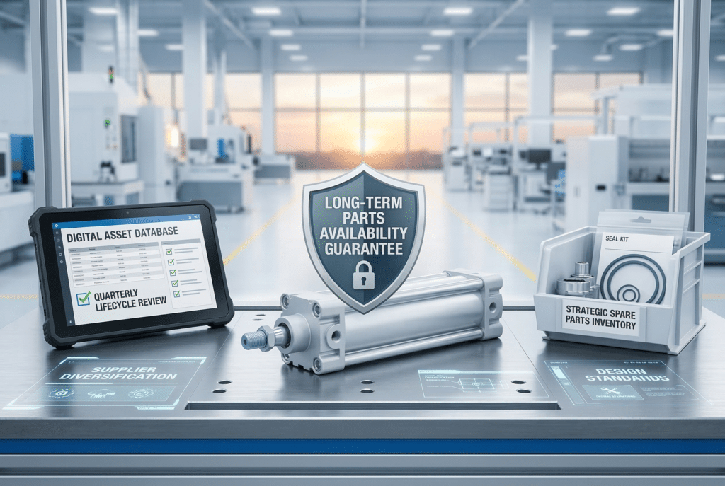 กระบอกสูบแบบไม่มีแกนที่ใช้ระบบลมซึ่งมีความปลอดภัยและสะอาดบริสุทธิ์ถูกจัดวางไว้ตรงกลางบนโต๊ะทำงานวิศวกรรมสมัยใหม่ พร้อมหน้าจอดิจิทัลที่ผสานรวมและพื้นที่จัดเก็บที่มีป้ายกำกับ ซึ่งแสดงถึงการจัดการสินทรัพย์เชิงกลยุทธ์ การตรวจสอบสินค้าคงคลัง และการทบทวนวงจรชีวิตเพื่อป้องกันการล้าสมัยในอนาคต ภาพพระอาทิตย์ตกเหนือพื้นโรงงานที่สะอาดเป็นสัญลักษณ์ของอนาคตที่สดใสและมีการดำเนินการเชิงรุก.