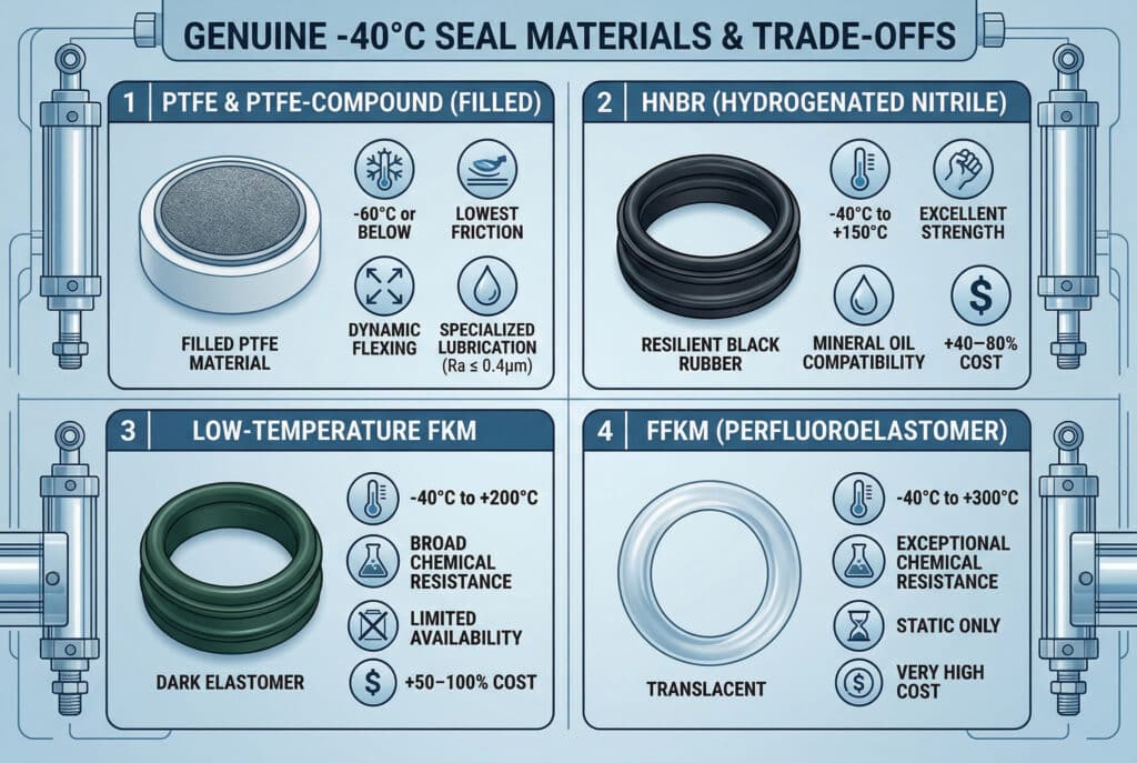 ภาพประกอบทางเทคนิคโดยละเอียดนำเสนอในรูปแบบอินโฟกราฟิกสี่ช่อง เปรียบเทียบวัสดุซีลแท้ที่ทนอุณหภูมิต่ำถึง -40°C ได้แก่ PTFE, HNBR, Low-Temp FKM และ FFKM แต่ละช่องใช้ไอคอนเพื่อแสดงคุณสมบัติเฉพาะ ช่วงอุณหภูมิ แรงเสียดทาน ความแข็งแรง และข้อเปรียบเทียบ เช่น การหล่อลื่นและต้นทุน ข้อความภาษาจีนขนาดเล็กที่อ่านว่า '中方供应商 vs 海外买家' ถูกแทรกอย่างแนบเนียนที่ขอบด้านนอกเพื่อระบุแหล่งที่มาของภาพ.