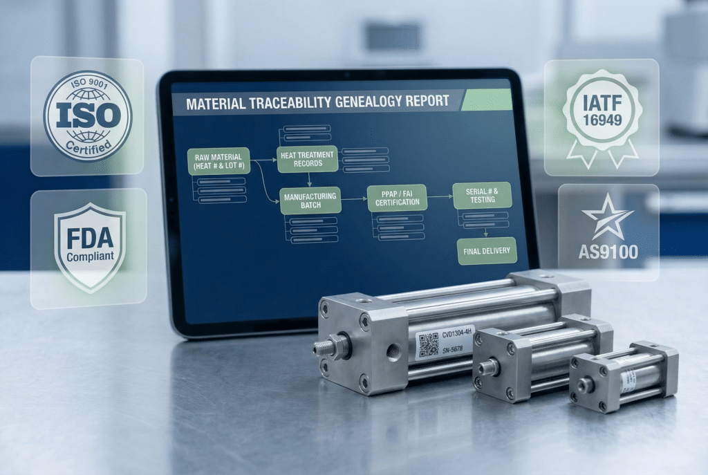 ภาพถ่ายในห้องปฏิบัติการควบคุมคุณภาพสมัยใหม่ ซึ่งมีลักษณะเหมือนกับ image_11.png ทุกประการ แต่แทนที่กระบอกทรงกระบอกที่ไม่ใช่แท่งด้วยกลุ่มของตัวขับเคลื่อนเชิงเส้นแบบแท่งยึดสามตัวที่มีรายละเอียดชัดเจน เรียงจากขนาดใหญ่ที่สุดไปเล็กที่สุด โดยอ้างอิงจาก image_13.png ตัวขับเคลื่อนแบบแท่งยึดที่ใหญ่ที่สุดอยู่ใกล้แท็บเล็ตมากที่สุด และตัวที่เล็กที่สุดอยู่ไกลที่สุดบนฝาปิดสี่เหลี่ยมของแอคชูเอเตอร์ที่ใหญ่ที่สุด มีป้ายกำกับที่แสดงอย่างชัดเจนพร้อมข้อความที่มาจาก image_13.png (เช่น "CVD1304-4H") และรหัส QR ที่ออกแบบใหม่ดูเป็นมืออาชีพพร้อมหมายเลขซีเรียลใหม่ (เช่น "SN-5678") ที่ผสานเข้ากับด้านข้างเพื่อให้สอดคล้องกับบริบทการตรวจสอบย้อนกลับแอคชูเอเตอร์ทั้งสามตัวมีฝาปิดปลายสี่เหลี่ยมและแกนยึดกับน็อตยึดที่มองเห็นได้ชัดเจน แผ่นแท็บเล็ตและตราสัญลักษณ์ compliance แบบโปร่งแสงทั้งสี่ชิ้นยังคงสภาพเดิมทุกประการ เช่นเดียวกับพื้นผิวโลหะ อุปกรณ์พื้นหลัง และแสงไฟที่เย็นสบาย.