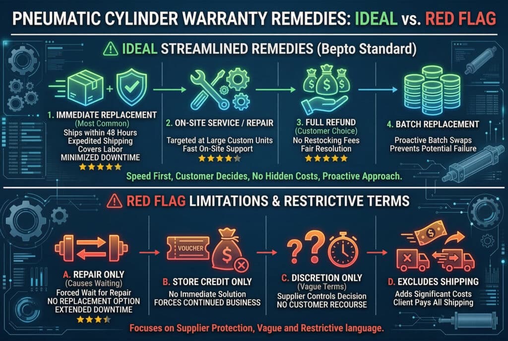 อินโฟกราฟิกการนำเสนอข้อมูลสมัยใหม่ที่แบ่งออกเป็นสองส่วนแนวนอนเพื่อเปรียบเทียบการแก้ไขปัญหาการรับประกันของกระบอกสูบนิวเมติกส์อย่างชัดเจน ส่วนบนมีชื่อว่า "การแก้ไขปัญหาที่สมบูรณ์แบบ (มาตรฐาน Bepto)" ใช้สีเขียวและน้ำเงินอย่างมั่นใจ พร้อมไอคอนที่สว่างไสวสำหรับแต่ละส่วน: "1. การเปลี่ยนทันที (พบมากที่สุด)", "2. บริการ/ซ่อมแซม ณ สถานที่", "3."คืนเงินเต็มจำนวน (เลือกโดยลูกค้า)" และ "4. เปลี่ยนสินค้าทั้งชุด" ด้านล่างมีสรุปเป็นสีเขียวว่า: "รวดเร็วเป็นอันดับแรก ลูกค้าตัดสินใจ ไม่มีค่าใช้จ่ายแอบแฝง ดำเนินการเชิงรุก" ส่วนล่างสุดมีหัวข้อว่า "⚠️ ข้อจำกัดและเงื่อนไขที่จำกัด" ใช้ไอคอนสีแดงและส้มตัดกัน ส่วนต่างๆ แสดงว่า: "A.ซ่อมแซมเท่านั้น (ทำให้ต้องรอ), B. เครดิตในร้านเท่านั้น, C. ตามดุลยพินิจเท่านั้น (เงื่อนไขไม่ชัดเจน), D. ไม่รวมค่าจัดส่ง ด้านล่างมีสรุปเป็นสีแดงว่า: "เน้นการปกป้องผู้จัดจำหน่าย, ภาษาไม่ชัดเจนและจำกัด" พื้นหลังมีเส้นและวงจรทางเทคนิคที่เรืองแสง ไม่มีบุคคลปรากฏ ความแม่นยำระดับพิกเซล.