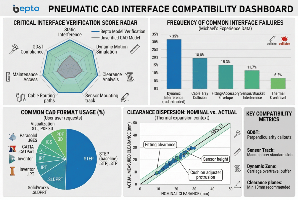 แดชบอร์ดการแสดงข้อมูลแบบผสมที่แสดงข้อมูลเชิงปริมาณเกี่ยวกับการตรวจสอบความเข้ากันได้ของอินเทอร์เฟซ CAD ของระบบนิวเมติกประกอบด้วยแผนภูมิหลักสี่ประเภท: แผนภูมิเรดาร์ของคะแนนการตรวจสอบ (มี Bepto เทียบกับไม่มี Bepto), แผนภูมิแท่งของความถี่ความล้มเหลวของอินเทอร์เฟซทั่วไป (การรบกวนแบบไดนามิก, การชนของรางเคเบิล, โปรไฟล์การติดตั้ง), แผนภูมิวงกลมของการใช้งานรูปแบบ CAD ที่พบบ่อย (STEP เป็นพื้นฐาน, IPT, CATIA) และแผนภาพกระจายที่เปรียบเทียบระยะห่างตามค่ากำหนดกับระยะห่างที่วัดได้จริง(รวมถึงข้อมูลการขยายตัวจากความร้อน) รายการตัวชี้วัดหลักแสดงการปฏิบัติตามมาตรฐาน GD&T และเส้นทางการติดตั้งเซ็นเซอร์.