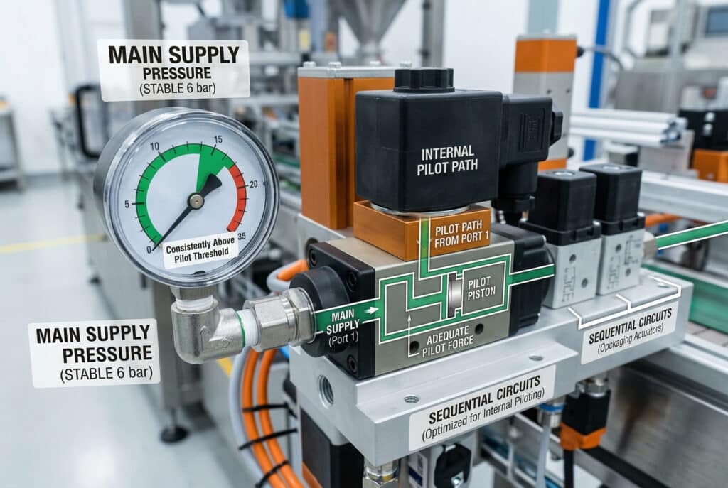 Profesionalna industrijska makro fotografija usmjerena na robusni solenoidni ventil s pilot upravljanjem velikog promjera, montiran na razvodniku unutar moderne mašine za pakovanje (npr. linija za kartoniranje). Nijedna osoba nije vidljiva. Veliki, čitljivi manometar priključen na dovodni priključak ima kazaljku čvrsto u zelenoj zoni, jasno označenoj "PRITISAK GLAVNOG DOVODA (STABILNO 6 bar)" i s manjim tekstom "Dosljedno iznad praga pilota." Integrisani dijagramski grafički prikaz vizualizira crtež "INTERNOG PUTA PILOTA" od "GLAVNOG DOVODA (Priključak 1)" direktno do "PILOTSKOG KLIPA", označenog kao "PUT PILOTA OD PRIKLJUČKA 1" i prikazuje "ADEKVATNU SILU PILOTA". Cijeli razvodnik je označen kao "SLIJEĐENI KRUGOVI (Optimizirano za interno pilotiranje)", što ukazuje na slijednu upotrebu kako je opisano u tekstu. Osvjetljenje je sigurno, čisto i svijetlo. Boje su industrijski metalik tonovi sa čistim zelenim i bijelim nijansama za status i oznake.