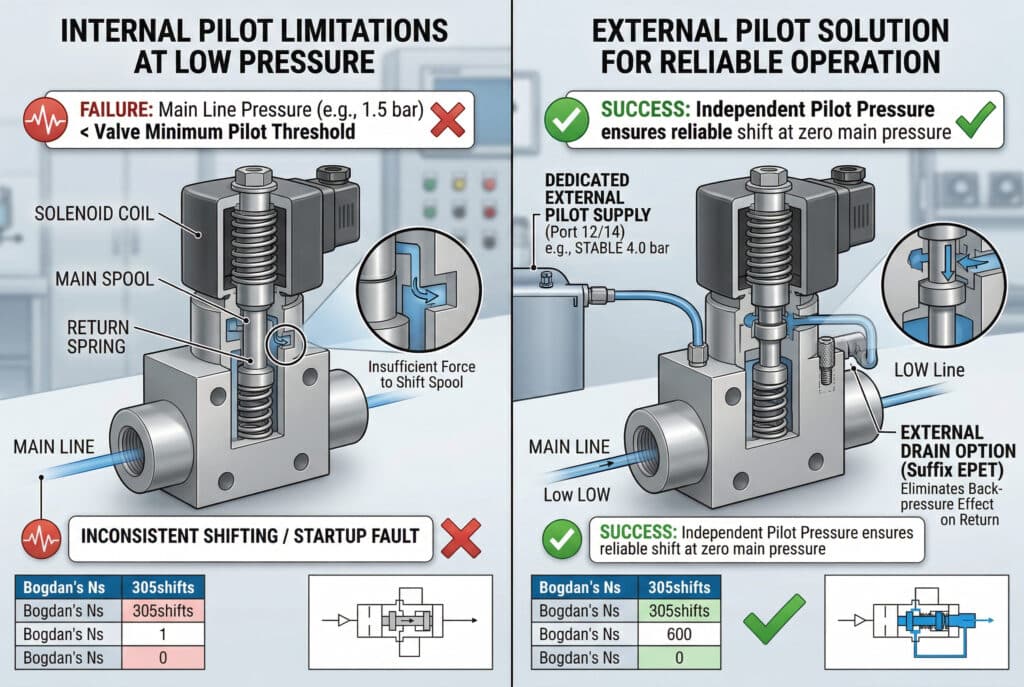 Precizna tehnička infografika podijeljenog ekrana koja uspoređuje ograničenja unutarnjeg nasuprot vanjskom pilotiranju za pneumatske ventile velikog protoka pod kritičnim uvjetima niskog tlaka u sustavu. Lijevi panel prikazuje kvar unutarnjeg pilotiranja pri pokretanju s niskim glavnim tlakom (npr. 1,5 bara), što rezultira nedosljednim prebacivanjem, označenim crvenim 'X'. Desni panel ilustrira rješenje s vanjskim pilotom, gdje namjensko, stabilno napajanje pilotom osigurava pouzdano prebacivanje čak i pri nuli tlaka u glavnoj liniji, uključujući vakuum, označeno zelenim kvačicom. Ključne podatke iz tabela je integrisano, na primjer, vizuelna reprezentacija Bogdanove računice akumulatora (Ns: 305 prebacivanja), sve bez fotografija ljudi ili proizvoda. U tekstu je dosljedno ispravan engleski pravopis. Industrijska estetika.