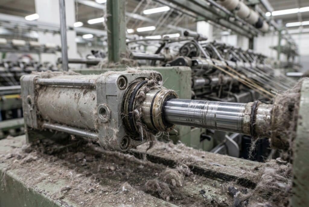 תקריב של צילינדר פנאומטי מכוסה מוך, המראה בלאי בחריטה על המוט, הממחיש נזק מזיהום.