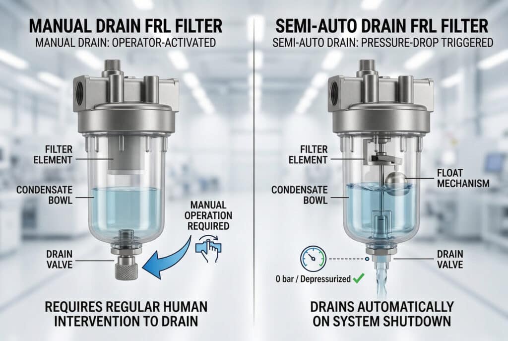 การเปรียบเทียบแบบเคียงข้างกันที่แสดงให้เห็นความแตกต่างในการทำงานระหว่างกลไกการระบายน้ำแบบแมนนวลและแบบกึ่งอัตโนมัติบนตัวกรอง FRL ด้านซ้ายแสดงการระบายน้ำแบบแมนนวลที่มีไอคอนรูปมือบ่งบอกถึงการดำเนินการที่จำเป็นจากผู้ปฏิบัติงานเพื่อล้างถ้วย ด้านขวาแสดงการระบายน้ำแบบกึ่งอัตโนมัติที่มีกลไกลูกลอยแบบละเอียดและไอคอนเกจวัดความดันที่แสดงการลดลงถึง 0 บาร์ ซึ่งเป็นการกระตุ้นการระบายน้ำอัตโนมัติ อธิบายถึงความแตกต่างทางกลไกที่ช่วยเพิ่มความน่าเชื่อถือในการทำงานในระบบที่ไม่ต่อเนื่อง.