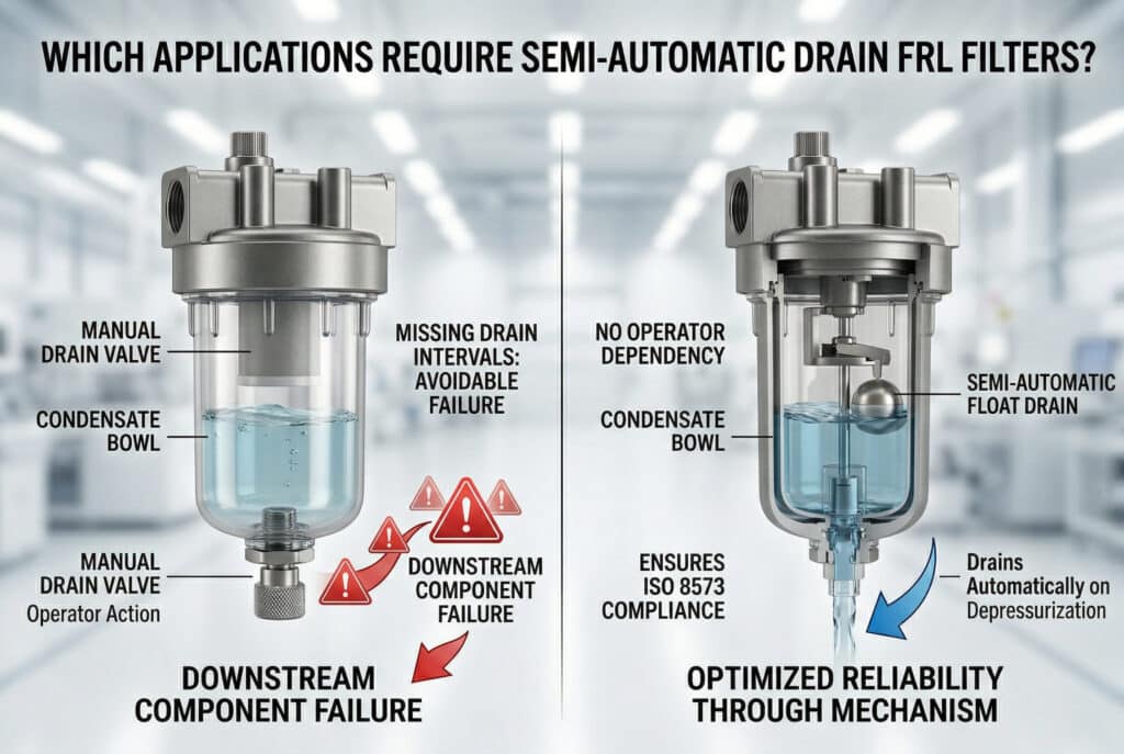การเปรียบเทียบแบบหน้าจอแยกที่แสดงให้เห็นว่าทำไมตัวกรอง FRL แบบกึ่งอัตโนมัติสำหรับระบบระบายน้ำจึงเป็นที่นิยมสำหรับระบบอัตโนมัติที่ต้องการความน่าเชื่อถือสูง ทางด้านซ้าย หน่วย FRL มาตรฐานต้องการ 'การดำเนินการอย่างต่อเนื่องจากผู้ปฏิบัติงาน' ซึ่งอาจนำไปสู่การล้มเหลวในทางทฤษฎีทางด้านขวา ภาพตัดขวางรายละเอียดของระบบระบายน้ำแบบครึ่งอัตโนมัติ (เหมือนกับ image_0.png แต่เป็นผลิตภัณฑ์เต็มตัว) แสดงให้เห็นว่า 'ระบายน้ำโดยอัตโนมัติเมื่อลดแรงดัน,' 'รับประกันการปฏิบัติตามมาตรฐาน ISO 8573,' และ 'ไม่ต้องพึ่งพาผู้ใช้งาน.' ทั้งสองหน่วยแสดงตัวกรองและถ้วยน้ำค้าง ในฉากหลังของโรงงานที่สะอาด พร้อมข้อความภาษาอังกฤษที่สมบูรณ์แบบ.