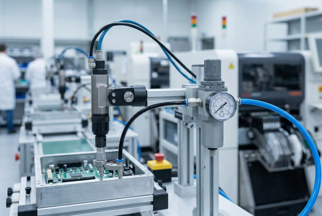 Industrijska fotografija izbliza preciznog minijaturnog regulatora na mjestu upotrebe s prozirnim mjeračem koji prikazuje zadanu vrijednost, montiranog direktno na automatizirani pneumatski alat za montažu u čistoj elektroničkoj fabrici, demonstrirajući preciznu kontrolu pritiska i optimizaciju energije.