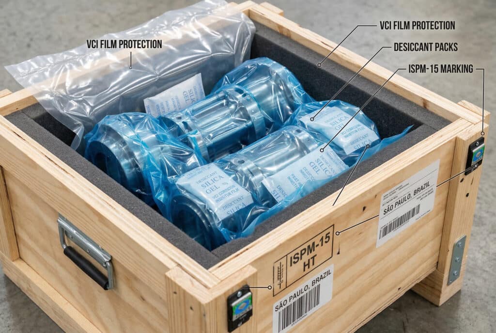 ภาพถ่ายตัดขวางแบบละเอียดของลังไม้สำหรับขนส่งที่ผ่านการอบความร้อนตามมาตรฐาน ISPM-15 เผยให้เห็นชิ้นส่วนที่แม่นยำซึ่งได้รับการปกป้องด้วยฟิล์ม VCI ซองดูดความชื้นซิลิกาเจลที่มีฉลากหลายซอง ถุงกันความชื้นที่ปิดผนึกด้วยความร้อน และวัสดุกันกระแทกโฟมภายใน สามารถมองเห็นตัวบ่งชี้แรงกระแทกและเซ็นเซอร์วัดการเอียงที่ด้านนอก พร้อมฉลากปลายทางไปยังเซาเปาโล ประเทศบราซิล ภาพนี้อธิบายมาตรการป้องกันสำหรับการขนส่งระหว่างประเทศอย่างครอบคลุมได้อย่างชัดเจน.