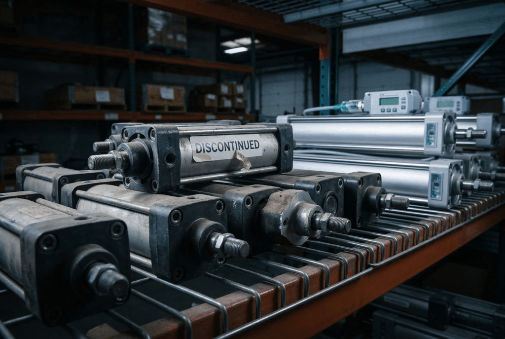 กระบอกสูบแบบนิวแมติกที่ถูกเลิกใช้แล้วและมีป้ายกำกับวางอยู่บนชั้นวางของในคลังสินค้าที่เต็มไปด้วยฝุ่น ตัดกับรุ่นที่ทันสมัยซึ่งมีเซ็นเซอร์ติดตั้งในตัวอยู่เบื้องหลัง สื่อถึงการเปลี่ยนผ่านและความท้าทายของการล้าสมัยที่ได้กล่าวถึง.