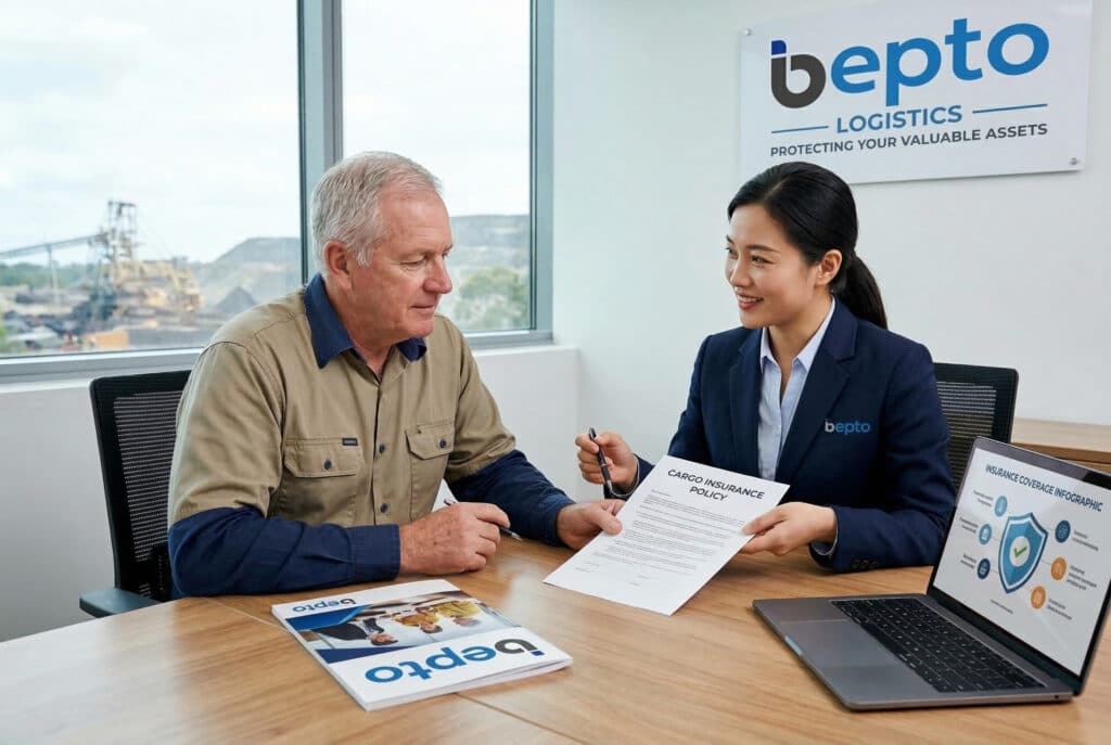 ภาพถ่ายที่จัดองค์ประกอบอย่างมืออาชีพโดยอ้างอิงจาก image_8.png ซึ่งโลโก้ BEPTO ที่ปรากฏทั้งหมดได้ถูกแทนที่ด้วยโลโก้แบบใหม่สองสี (น้ำเงินและเทา) ของคำว่า 'bepto' จาก image_10.png โดยคงการสะกดภาษาอังกฤษที่ถูกต้องไว้อย่างครบถ้วน ฉากนี้แสดงให้เห็นการปรึกษาหารือระหว่างผู้เชี่ยวชาญด้านโลจิสติกส์หญิงชาวจีนกับผู้จัดการโรงงานชาวคอเคเชียนเกี่ยวกับประกันภัยสินค้าป้ายผนังพื้นหลังตอนนี้มีเครื่องหมายคำว่า 'bepto' แบบสองสีเฉพาะที่ด้านบน แทนที่โลโก้เก่า ตามด้วยข้อความ 'LOGISTICS - PROTECTING YOUR VALUABLE ASSETS' ที่สะกดถูกต้อง โลโก้บนเสื้อแจ็คเก็ตของผู้เชี่ยวชาญ โลโก้บนสมุดบันทึกจริง ('CLIENT-FOCUSED CLAIMS SUPPORT') และโลโก้บนหน้าจอแล็ปท็อปก็ถูกแทนที่ด้วยเครื่องหมายคำใหม่เช่นกันทุกคน การโต้ตอบ เอกสาร ('กรมธรรม์ประกันภัยสินค้า'), เนื้อหาในแล็ปท็อป (อินโฟกราฟิกประกันภัย), แสงธรรมชาติ และวิวหน้าต่างที่มองเห็นการดำเนินงานเหมืองแร่ ล้วนเหมือนกันทุกประการ ภาพยังคงมีอัตราส่วนแบบมืออาชีพ 3:2 พร้อมพื้นผิวที่มีความละเอียดสูงและเป็นธรรมชาติ.