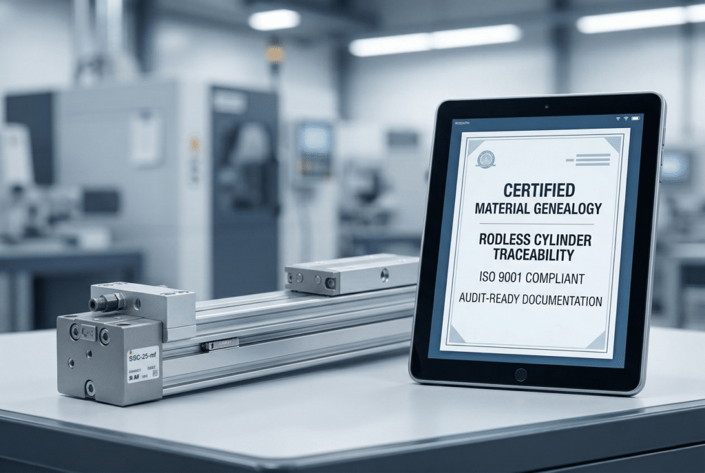 ภาพถ่ายรายละเอียดของตัวขับเคลื่อนเชิงเส้นที่มีความแม่นยำสูง (ชิ้นส่วนใหม่ซึ่งแทนที่กระบอกสูบ) พร้อมด้วยตัวรถที่ซับซ้อนและป้ายกำกับที่ละเอียด วางไว้ข้างแท็บเล็ตอุตสาหกรรมที่แสดงการรับรองการตรวจสอบย้อนกลับที่พร้อมสำหรับการตรวจสอบทางดิจิทัล ซึ่งแสดงให้เห็นว่าการตรวจสอบเอกสารทั้งหมด รวมถึงข้อความที่คัดลอกมาจากแท็บเล็ต ได้รับการรักษาไว้อย่างครบถ้วน ป้ายกำกับสินค้าใหม่สามารถอ่านได้ชัดเจน และสภาพแวดล้อมในโรงงานรวมถึงแสงสว่างได้รับการรักษาไว้เหมือนเดิมจากต้นฉบับ.