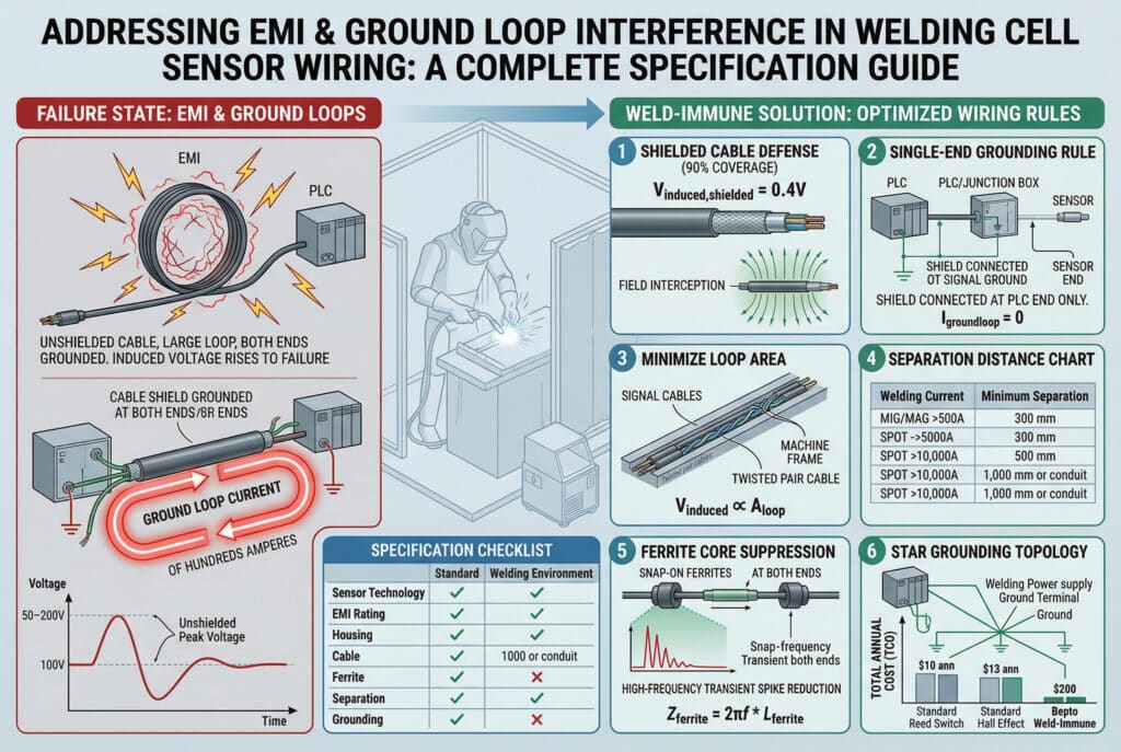 תרשים אינפוגרפי מורכב ומובנה הממחיש את רצף הכללים הטכניים לטיפול בהפרעות EMI ובלולאות הארקה בתאי ריתוך. הוא מתחיל בסעיף 'מצב תקלה: EMI ולולאות הארקה' (המציג לולאה גדולה ללא מיגון, ששני קצותיה מוארקות, ברקים אדומים כאוטיים ומתח שיא של 50–200 וולט). לאחר מכן מוצג רצף בן שישה לוחות תחת הכותרת 'פתרון חסין לריתוך: כללי חיווט מיטביים': 1. כיסוי מיגון (מיגון קלוע 90% מפחית את Vinduced ל-0.4V), 2. כלל הארקה בקצה אחד (מציג מיגון פתוח בקצה החיישן, Igroundloop = 0), 3. צמצום שטח הלולאה (תעלה מקבילה, זוג מעוות, Vinduced ∝ Aloop), 4. טבלת הפרדה (המחשת מרחקים בהתבסס על זרם הריתוך), 5. דיכוי באמצעות ליבת פרית (ליבה מתלבשת, הפחתת שיאי תדר גבוה, Zferrite = 2πf * Lferrite), 6. טופולוגיית הארקה בצורת כוכב (כל ההארקות מתכנסות בנקודה מרכזית אחת בצורת כוכב בהארקת ספק הכוח לריתוך). רשימת בדיקה מלאה והשוואת 'עלות שנתית כוללת (TCO)' משולבות גם הן, ומציגות השוואה בין האפשרויות הסטנדרטיות לאלה החסינות לריתוך.