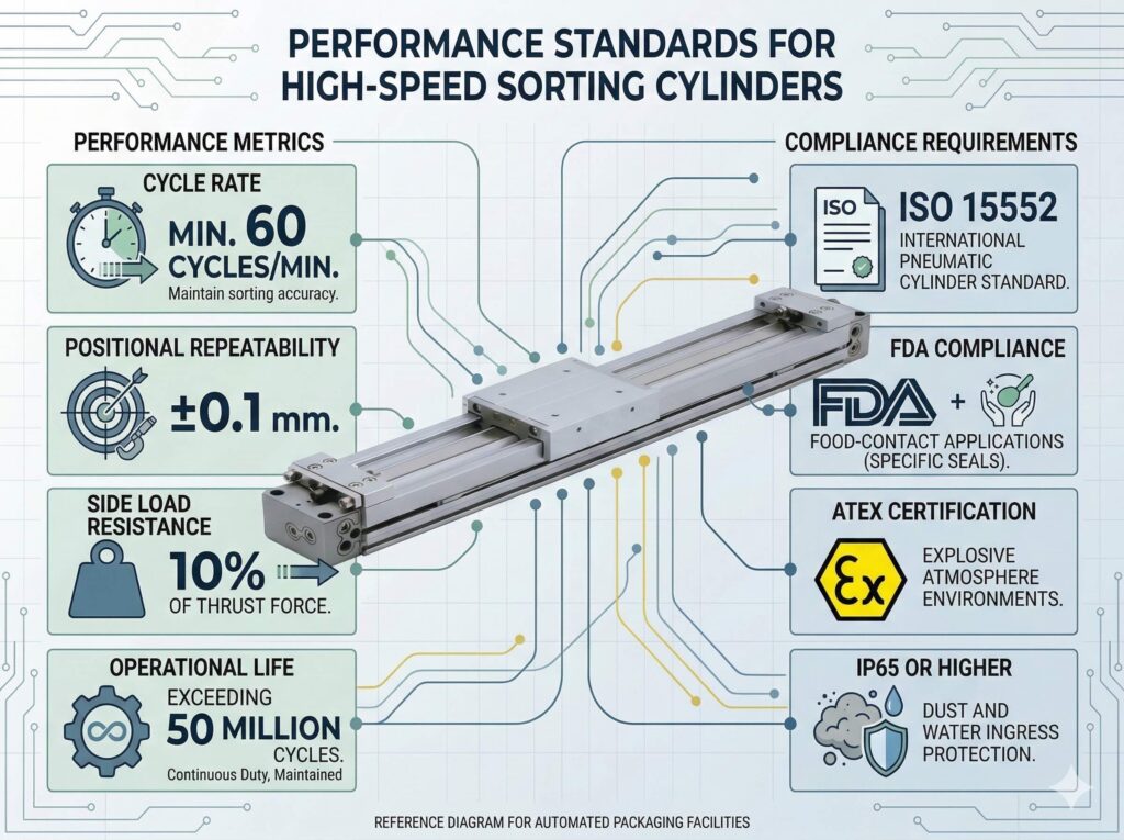 อินโฟกราฟิกทางเทคนิคที่แสดงรายละเอียดมาตรฐานที่จำเป็นสำหรับกระบอกสูบแบบนิวเมติกความเร็วสูงที่ใช้ในบรรจุภัณฑ์อัตโนมัติ รายการประกอบด้วยตัวชี้วัดประสิทธิภาพ (อัตราการหมุนเวียน, ความสามารถในการทำซ้ำ, การรับน้ำหนักด้านข้าง, อายุการใช้งาน) และข้อกำหนดการปฏิบัติตามมาตรฐาน (ISO 15552, FDA, ATEX, IP65) ซึ่งเชื่อมโยงด้วยเส้นสเก็ชไปยังแผนภาพกระบอกสูบกลาง.