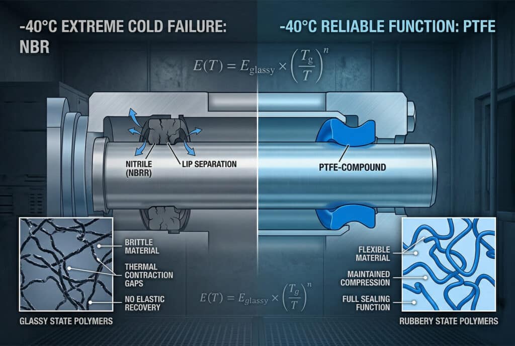การเปรียบเทียบแผนภาพทางวิทยาศาสตร์ของซีล NBR และซีล PTFE ภายในกระบอกลมที่อุณหภูมิ -40°C ซีล NBR (ซ้าย) แสดงให้เห็นว่าเปราะ แตก และแยกออกจากโลหะ ระบุว่าเป็น "สถานะแก้ว" ในขณะที่ซีล PTFE (ขวา) มีความยืดหยุ่น แนบสนิท และปิดผนึก ระบุว่าเป็น "สถานะยาง"