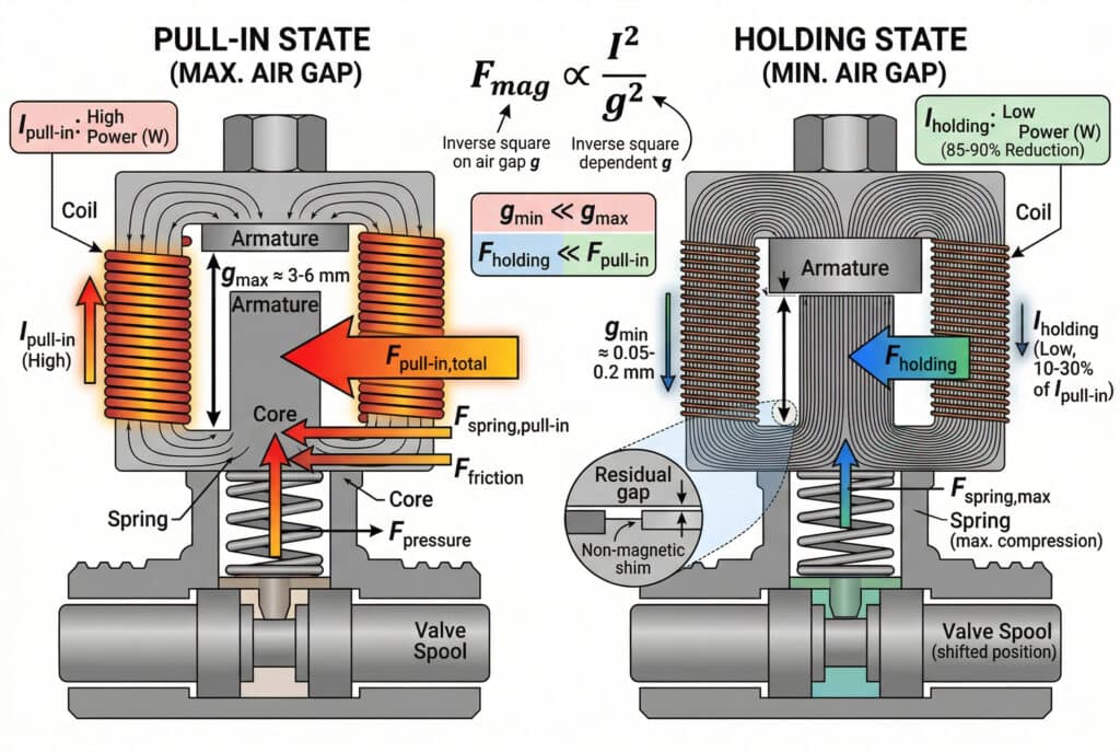 אינפוגרפיקה טכנית מפורטת ותרשים השוואה ביחס רוחב-גובה של 3:2, המחולקים לחלק 'מצב משיכה (מרווח אוויר מקסימלי)' משמאל ולחלק 'מצב החזקה (מרווח אוויר מינימלי)' מימין, הממחישים את העקרונות הפיזיקליים העומדים בבסיס דרישות כוח המשיכה והחזקה של סולנואיד בשסתום סולנואיד תעשייתי במתח בינוני. שני החלקים מציגים חתכים זהים של סליל סולנואיד, ארמטורה, ליבה, קפיץ החזרה וסליל השסתום, אך עם מרווחי אוויר וכוחות שונים. החלק השמאלי מציג מרווח אוויר גדול ($g_{max}$) ומסמן וקטורי כוח גדולים (אדום/כתום) עבור כוח משיכה כולל $F_{pull-in,total}$ המתגבר על עומס קפיץ, חיכוך סטטי וכוחות הפרש לחץ, עם זרם גדול $I_{pull-in}$ (גבוה) ושטף מגנטי דליל. החלק הימני מציג מרווח אוויר מינימלי ($g_{min}$) עם פירוט מוגדל של מרווח שיורי (מרווח שיורי, תומך לא מגנטי) ומציין וקטור כוח קטן (כחול) עבור כוח החזקה $F_{holding}$ המתגבר על הכוח המרבי של הקפיץ, עם זרם קטן $I_{holding}$ (נמוך, 10-30% של $I_{pull-in}$) ושטף מגנטי צפוף. תיבות הסבר מוסיפות השוואות נתונים להפחתת הספק (לדוגמה, הפחתה של 85-90%). גרף משוואה בחלק העליון מציג $F_{mag} \propto \frac{I^2}{g^2}$ עם הערות על תלות הפוכה בריבוע. החצים מציינים את כיוון הכוחות, הזרם והשטף. הקומפוזיציה מדויקת, מבוססת נתונים וללא דמויות אנושיות.