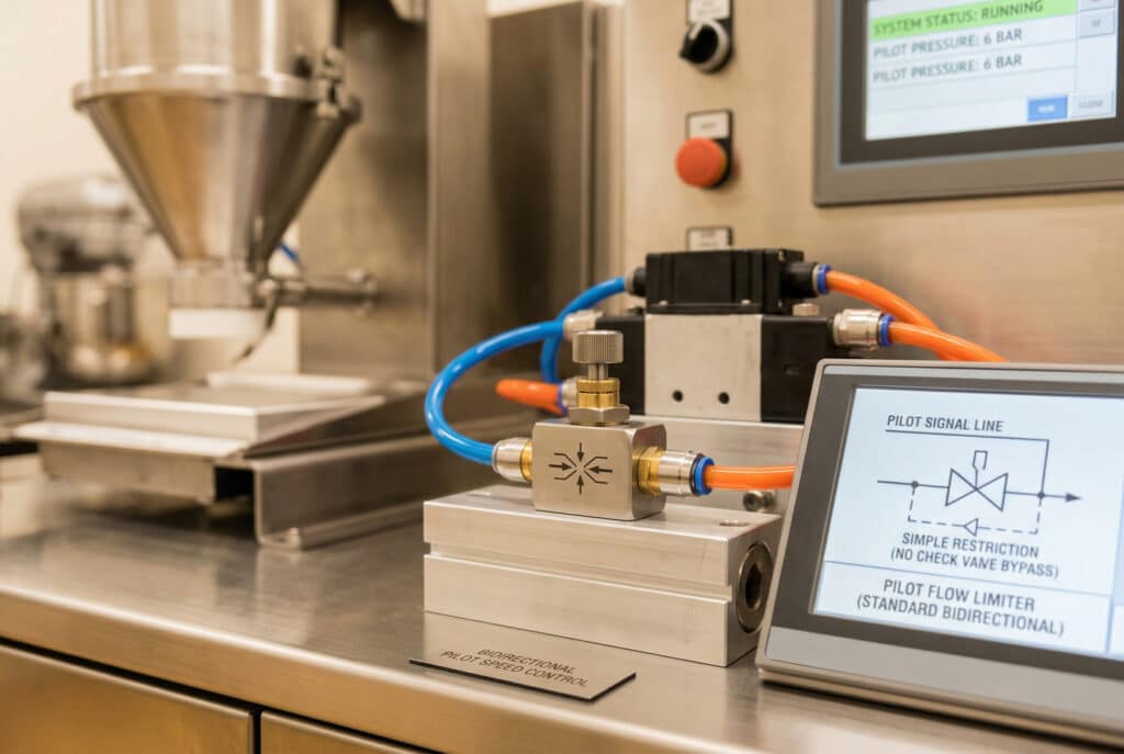 วาล์วควบคุมการไหลสองทิศทางแบบมาตรฐานกลางที่มีตัววาล์วสมมาตรและปุ่มปรับติดตั้งอยู่บนท่อร่วมในสถานีทดสอบทางวิศวกรรมของโรงงานแปรรูปอาหาร วาล์วนี้เชื่อมต่อด้วยท่อกับวาล์วหลักที่ควบคุมด้วยระบบนำร่องหน้าจอขนาดเล็กที่อยู่ใกล้ๆ แสดงแผนผังวงจรนิวแมติกพร้อมข้อความภาษาอังกฤษที่ถูกต้อง ระบุว่า 'PILOT SIGNAL FLOW LIMITER (STANDARD BIDIRECTIONAL)' พร้อมข้อจำกัดแบบสมมาตรและไม่มีทางบายพาส แสดงการใช้งานที่ถูกต้องตามตำรา ซึ่งแตกต่างจากการควบคุมความเร็วของแอคชูเอเตอร์ อุปกรณ์สแตนเลสและแผงควบคุมอื่นๆ ที่มีข้อความ HMI ภาษาอังกฤษที่ถูกต้องอยู่ในพื้นหลัง โดยไม่อยู่ในโฟกัส ฉากหลังมีความสะอาดและเป็นมืออาชีพ บ่งบอกถึงความแม่นยำและความมั่นใจข้อความภาษาอังกฤษทั้งหมดถูกต้อง.