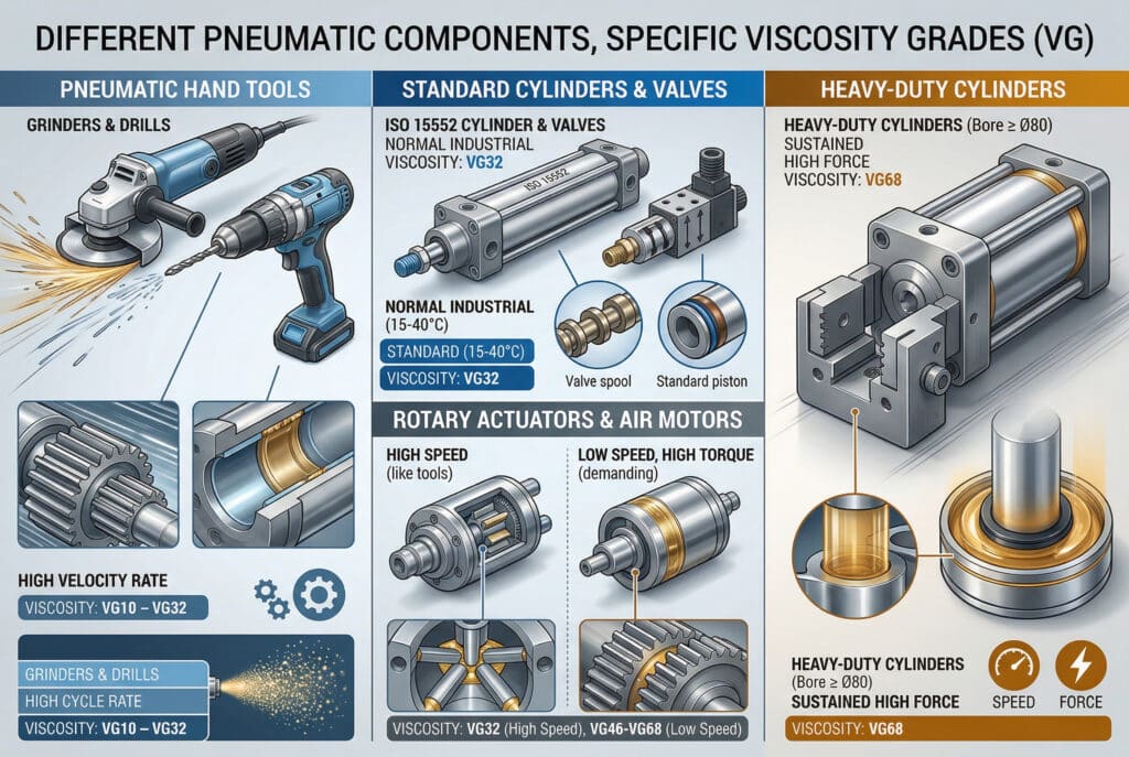 ภาพประกอบทางเทคนิคโดยละเอียดนี้เปรียบเทียบข้อกำหนดความหนืดเฉพาะ (VG) สำหรับหมวดหมู่ส่วนประกอบนิวเมติกต่างๆ โดยแสดงสี่ส่วนประกอบตัวอย่าง: "เครื่องมือช่างนิวเมติก" (VG10–VG32), "กระบอกสูบและวาล์วมาตรฐาน" (VG32), "ตัวกระตุ้นแบบหมุนและมอเตอร์อากาศ"(VG32 สำหรับความเร็วสูง, VG46-VG68 สำหรับความเร็วต่ำ), และ "กระบอกสูบสำหรับงานหนัก" (VG68), พร้อมด้วยหน้าตัดภายในและฉากการทำงาน การเข้ารหัสสีจากสีน้ำเงินอ่อนถึงสีเหลืองอำพันบ่งชี้ถึงความต้องการความหนืดที่เพิ่มขึ้น ข้อความทั้งหมดเป็นภาษาอังกฤษที่ถูกต้อง.