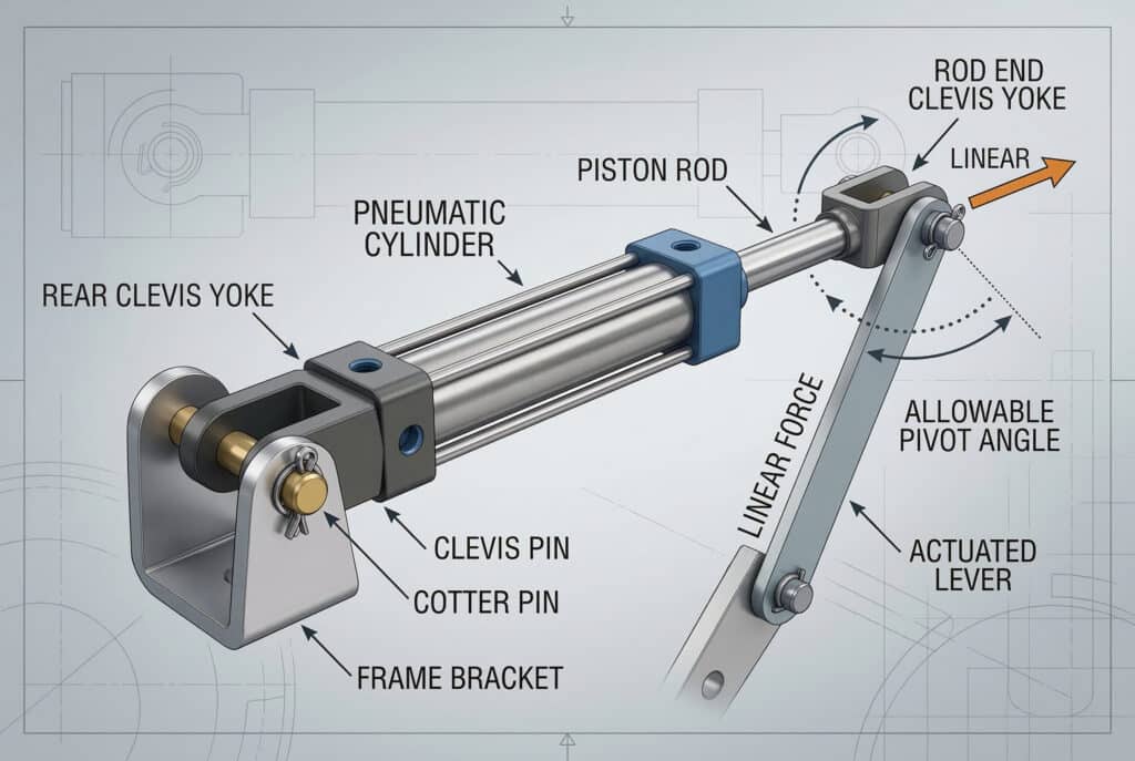 แผนภาพแสดงรายละเอียดทางเทคนิคของระบบกระบอกลมแบบติดตั้งด้วยคลีวิสสำหรับแคตตาล็อกวิศวกรรม โดยเน้นที่โครงสร้างภายในและการเคลื่อนไหว อัตราส่วนแนวนอน 3:2กระบอกสูบลมสแตนเลสแบบขยายตัวขับเคลื่อนแขนคานกลไกในลักษณะโค้ง ทั้งสองปลายของกระบอกสูบติดตั้งโดยใช้ข้อต่อแบบคลีวิส ฝาครอบด้านหลังเป็นข้อต่อคลีวิสเหล็กทรงตัว U ที่มองเห็นได้ชัดเจน ติดกับขายึดเฟรมที่เข้ากันด้วยหมุดทองเหลืองที่โดดเด่น ล็อคด้วยสลักคอตเตอร์และแหวนล็อคเพื่อความมั่นคงก้านยืดออกไปถึงปลายก้านที่มีลักษณะคล้ายตัว U ซึ่งยึดติดกับคันโยกขับเคลื่อน จุดเชื่อมต่อสร้างจุดหมุนแกนเดียว ป้ายที่มีข้อความสีขาวสะอาดระบุว่า 'กระบอกสูบนิวเมติก', 'ก้านลูกสูบ', 'ข้อต่อด้านหลัง','ปลายแกนข้อเหวี่ยง', 'หมุดข้อเหวี่ยง', 'หมุดล็อค', 'คันโยกขับเคลื่อน', 'ขายึดโครง', 'แกนหมุน', 'แรงเชิงเส้น', 'มุมหมุนที่อนุญาต'.ลูกศรโค้งและคำว่า 'PIVOT AXIS' ใกล้จุดเชื่อมต่อบ่งชี้การหมุนแกนเดียวที่อนุญาตและป้องกันการรับน้ำหนักด้านข้างโดยแสดงการเคลื่อนไหวที่อนุญาตได้ ชุดสีมีความเป็นมืออาชีพและสมดุล: สีเงิน, สีเทาเข้ม, สีน้ำเงิน, สีทองเหลือง, พร้อมสีส้มอ่อนเป็นจุดเน้นสำหรับเวกเตอร์แรง ลวดลายตารางแบบสเก็ชที่บางเบาบนพื้นหลังสีเทาอ่อน ไม่มีสิ่งรบกวน ขอบคมชัด, ความละเอียดสูง การจัดองค์ประกอบให้ข้อมูลและให้ความรู้.