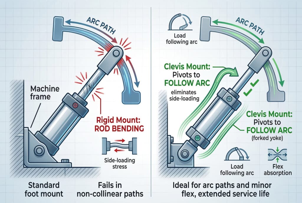แผนภาพอินโฟกราฟิกทางเทคนิคสมัยใหม่ที่เปรียบเทียบการใช้งานกระบอกลมแบบติดตั้งฐานแข็งกับการใช้งานแบบติดตั้งด้วยข้อเหวี่ยงหมุนได้ ด้านซ้าย กระบอกลมแบบติดตั้งฐานมาตรฐานกำลังดันคันโยกที่เคลื่อนเป็นเส้นโค้ง (ระบุว่าเป็นเส้นโค้งพร้อมเส้นแรงเค้นสีแดง) แสดงให้เห็นการรับแรงด้านข้างที่ทำให้ก้านกระบอกลมเสียหายก่อนเวลาอันควร (ระบุว่าเป็นก้านงอ)ไอคอน 'X' สีแดงใช้สำหรับแรงกดด้านข้าง ด้านขวาเป็นก้านโยกเดียวกันที่มีเส้นโค้งเดียวกัน ถูกดันโดยกระบอกสูบที่มีตัวยึดแบบคลีวิสด้านหลัง ลูกศรแสดงตัวกระบอกสูบที่หมุนที่หมุดคลีวิสด้านหลังเพื่อติดตามแรงโหลดได้อย่างแม่นยำ เส้นสีเขียวแสดงการไหล ข้อความสีเขียวแสดง 'เหมาะสำหรับเส้นโค้ง', 'ดูดซับการยืด', 'อายุการใช้งานยาวนาน' เครื่องหมายถูกสีเขียวแสดงความสำเร็จก้านลูกสูบยังคงตรง ป้ายข้อความคมชัด ให้ข้อมูลครบถ้วน และสะกดภาษาอังกฤษถูกต้อง พื้นหลังเป็นลายตารางแบบวิศวกรรมสมัยใหม่ เส้นสายดูเป็นมืออาชีพ สะอาดตา และแผนผังชิ้นส่วนถูกต้องแม่นยำ อัตราส่วน 3:2 ความแม่นยำระดับพิกเซล.